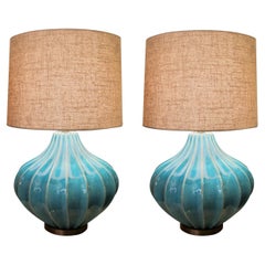 Coppia di lampade da tavolo in ceramica turchese con smalto screziato, anni '80 circa, inglese