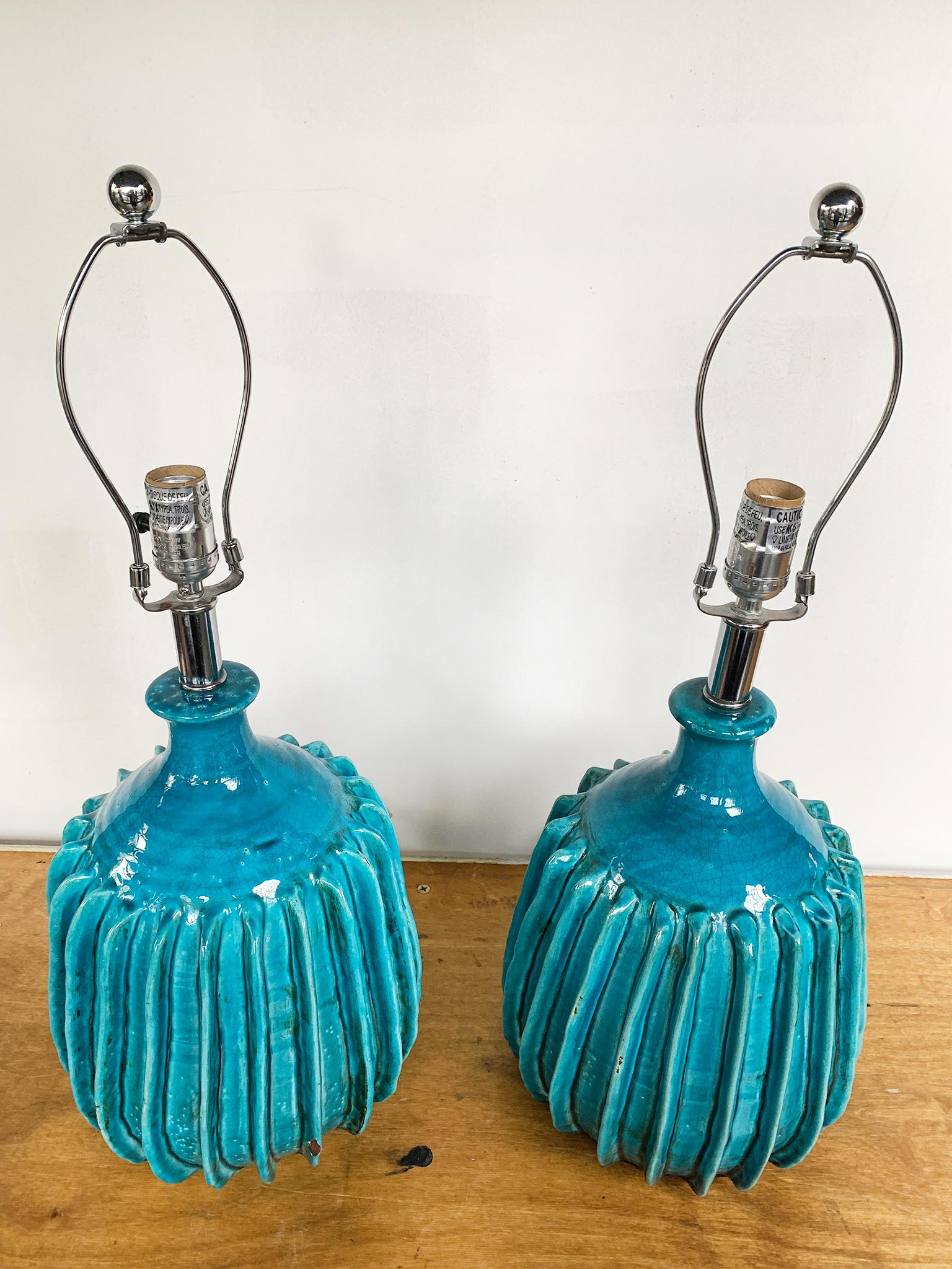 Glazed Pair of Turquoise Ceramic Table Lamps