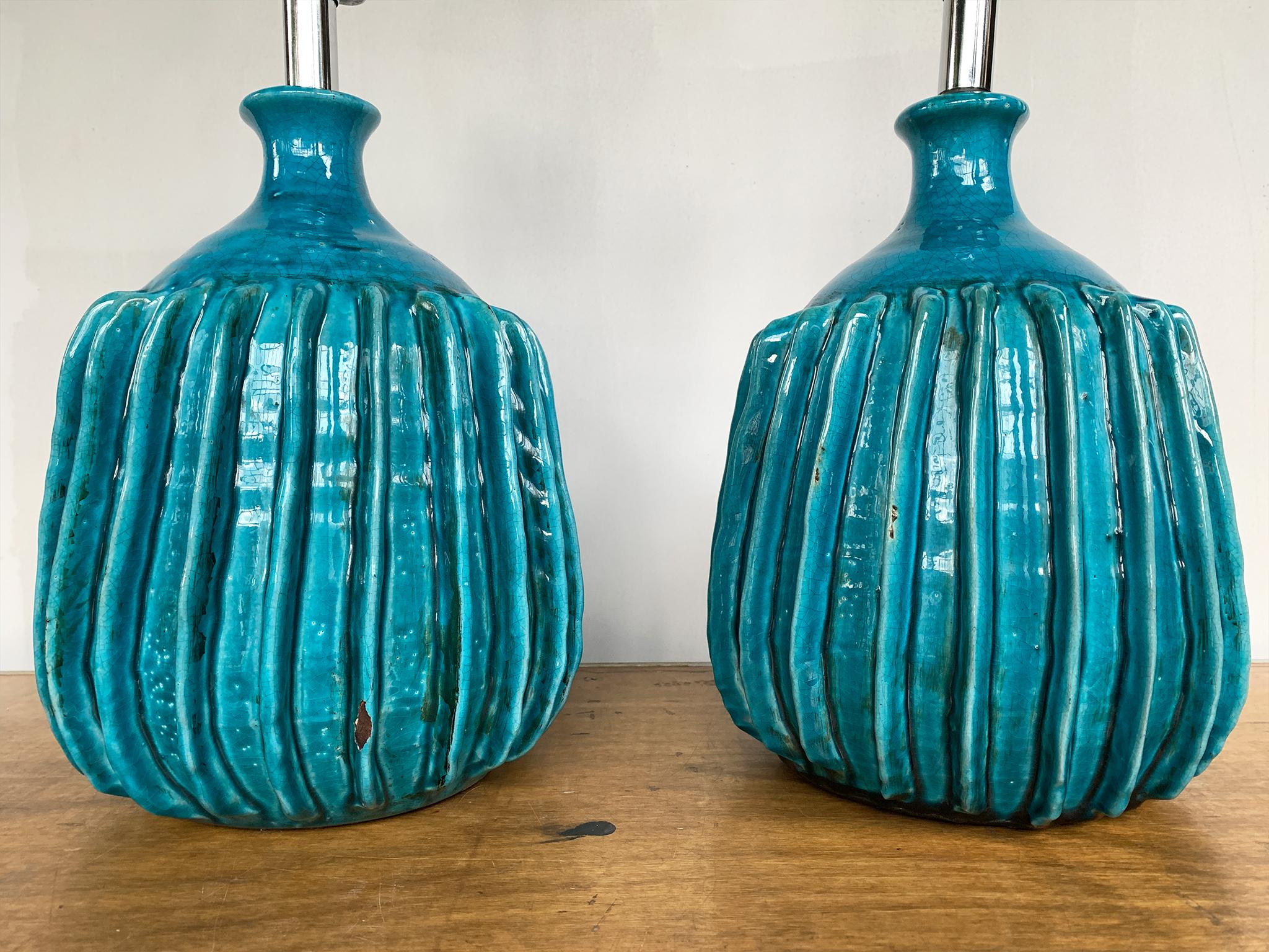 Pair of Turquoise Ceramic Table Lamps In Good Condition In New York, NY