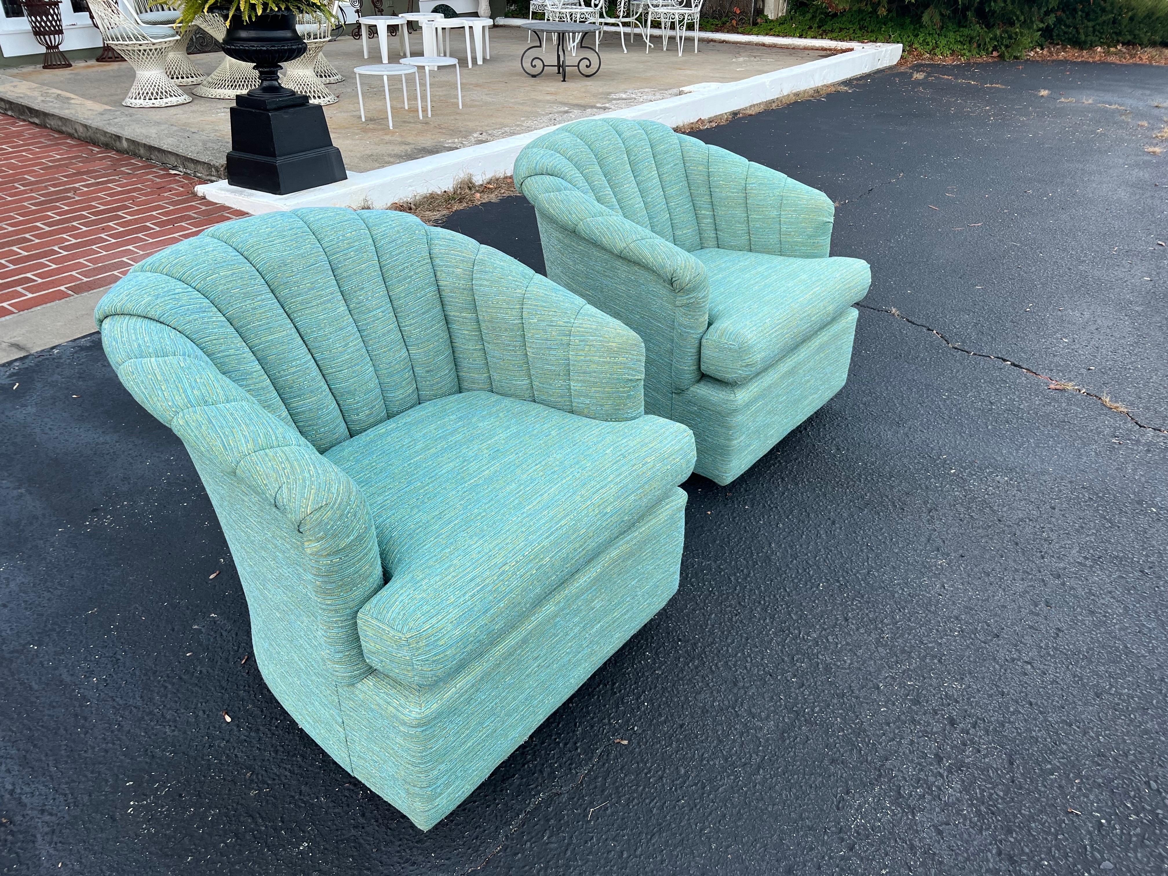 Pair of Turquoise Channel Back Swivel Chairs  4