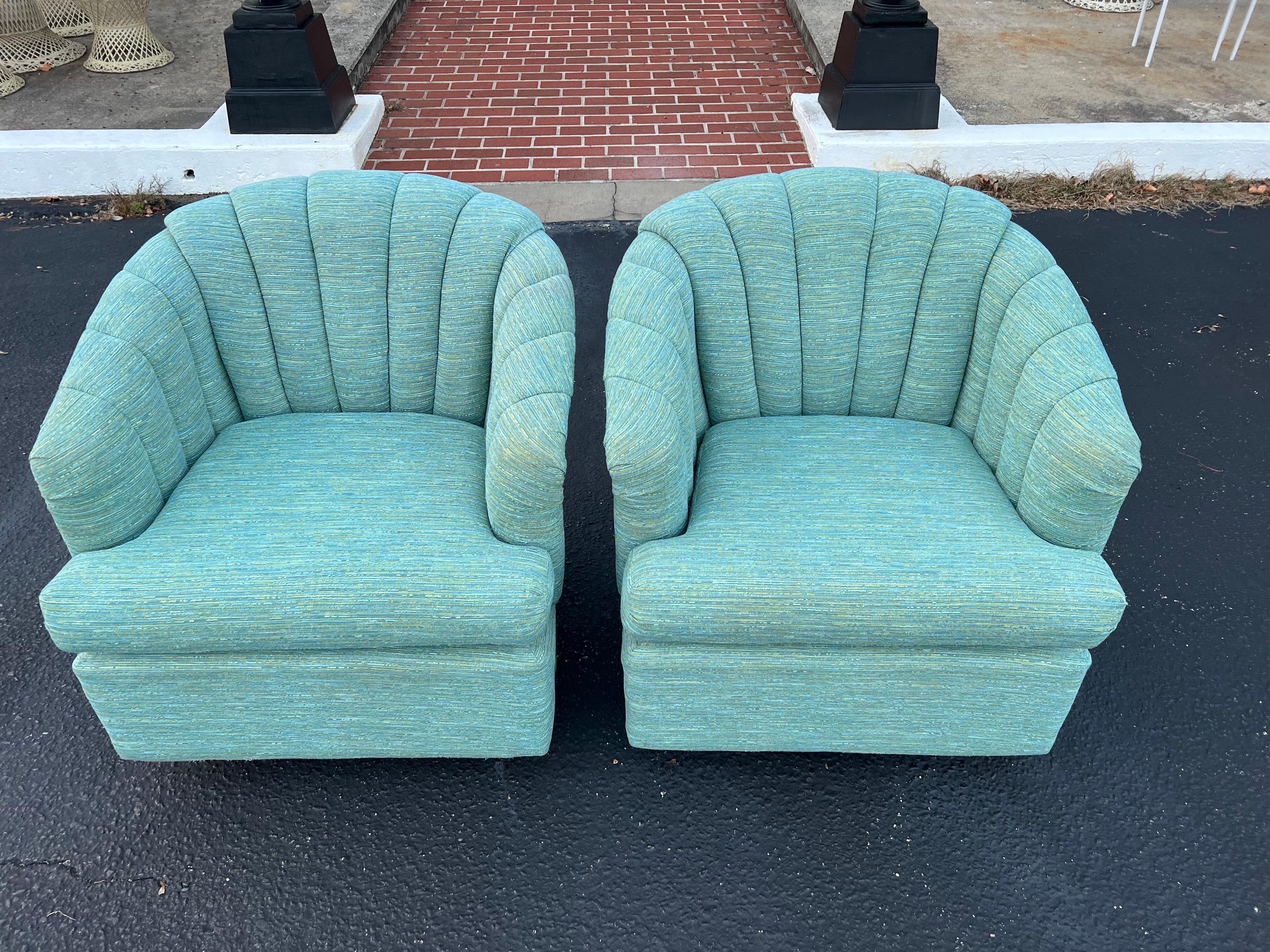 Pair of Turquoise Channel Back Swivel Chairs  For Sale 5