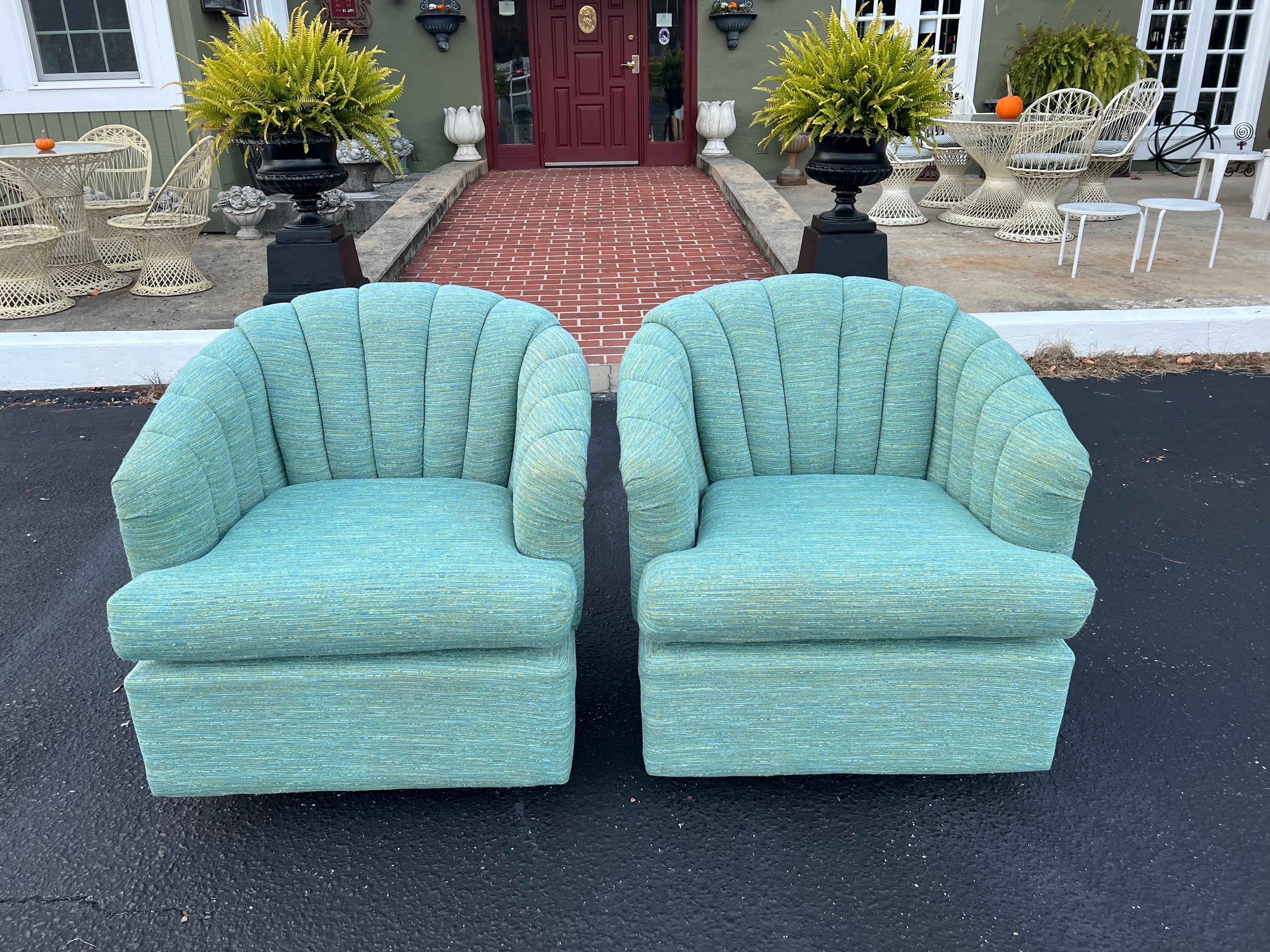 Pair of Turquoise Channel Back Swivel Chairs  For Sale 6