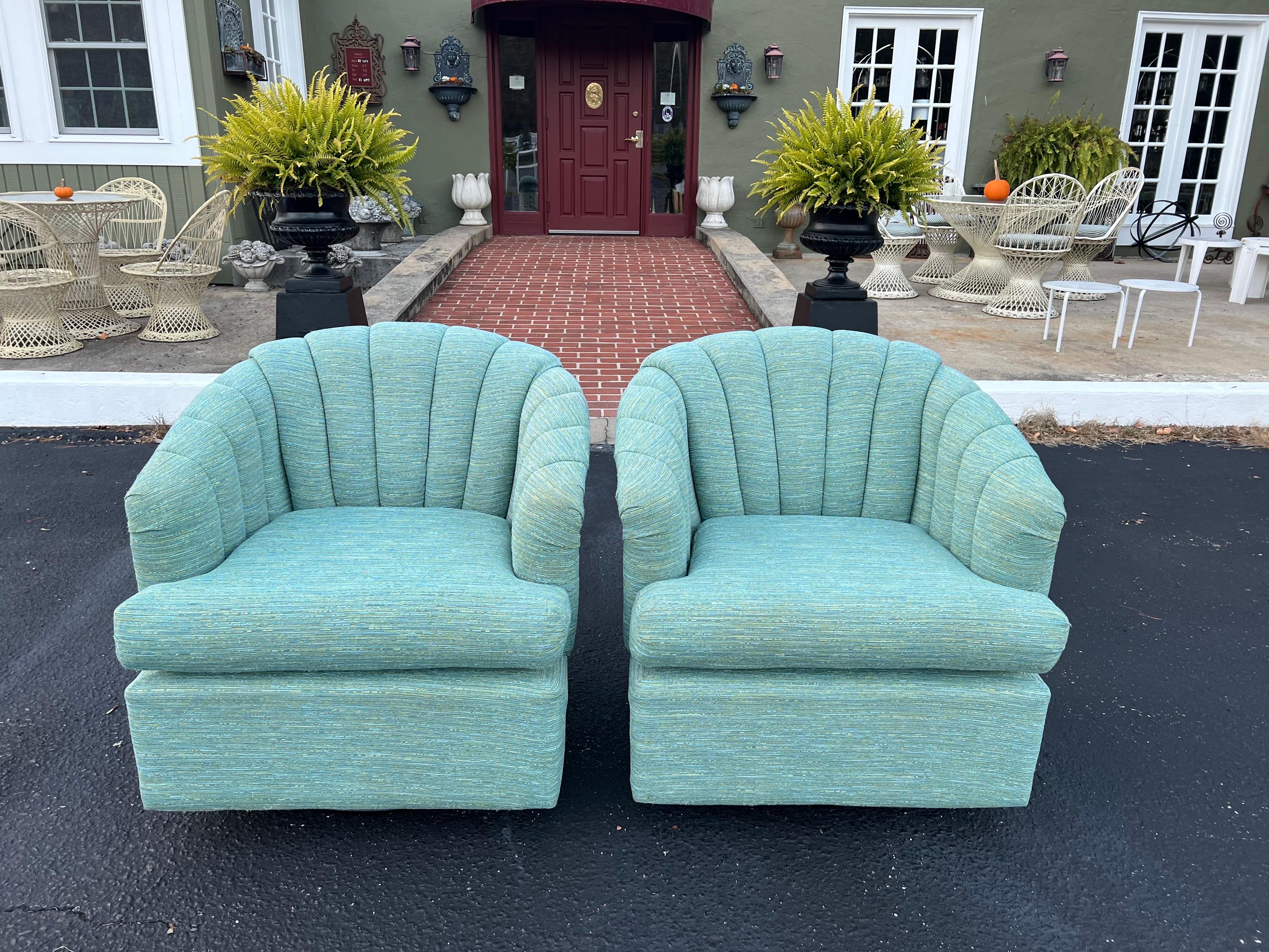 Pair of Turquoise Channel Back Swivel Chairs  For Sale 7
