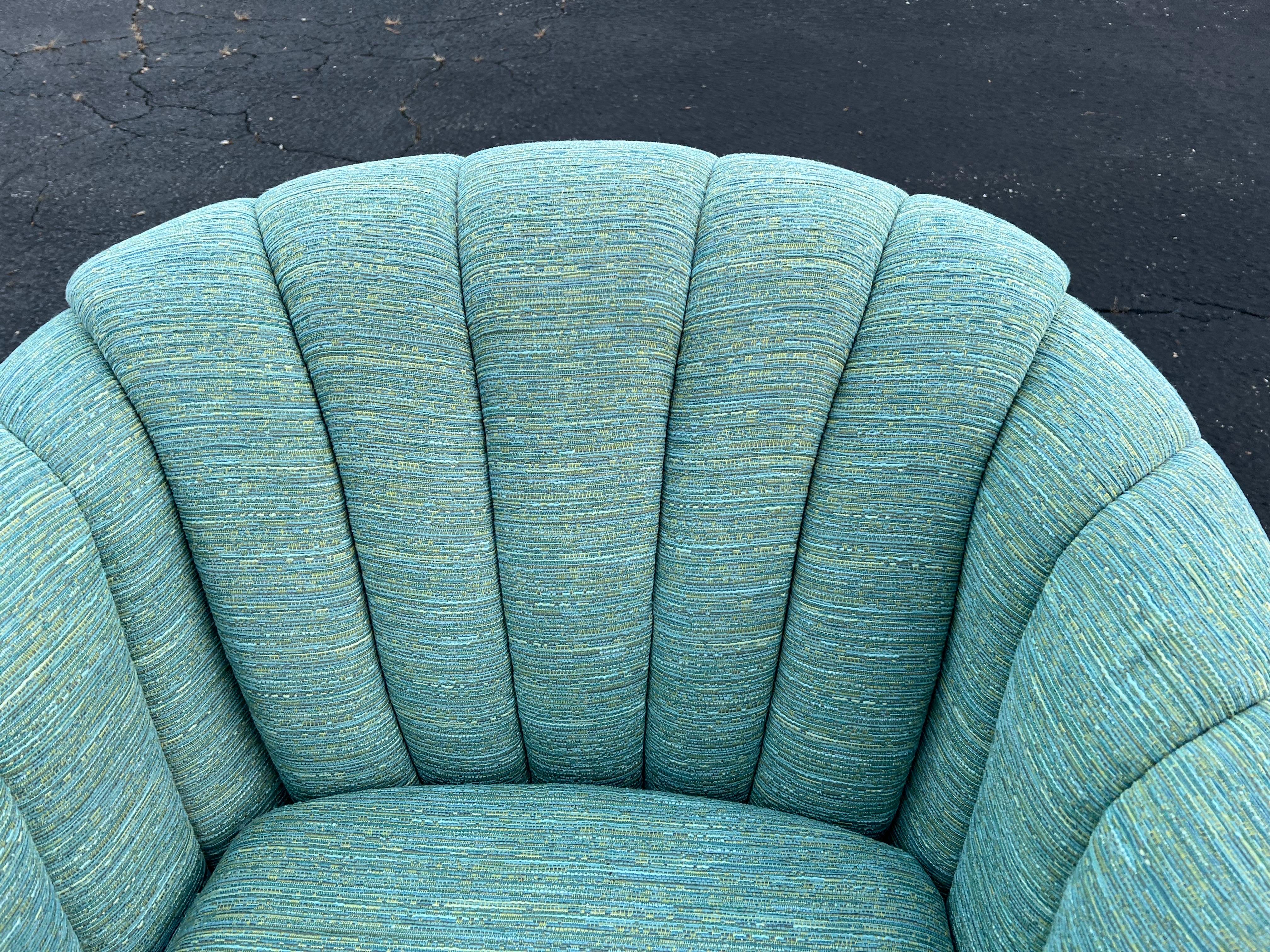 Pair of Turquoise Channel Back Swivel Chairs  For Sale 9