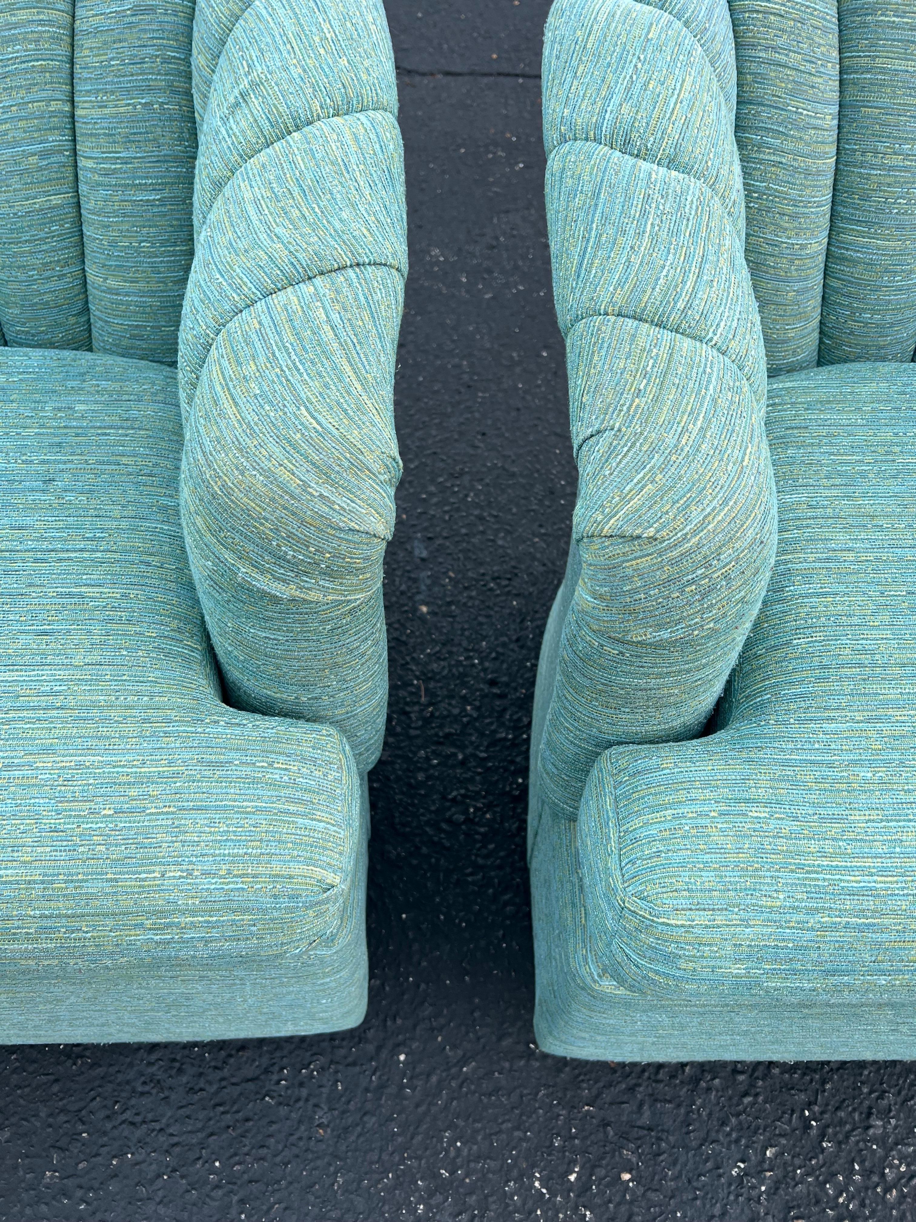 Pair of Turquoise Channel Back Swivel Chairs  For Sale 11