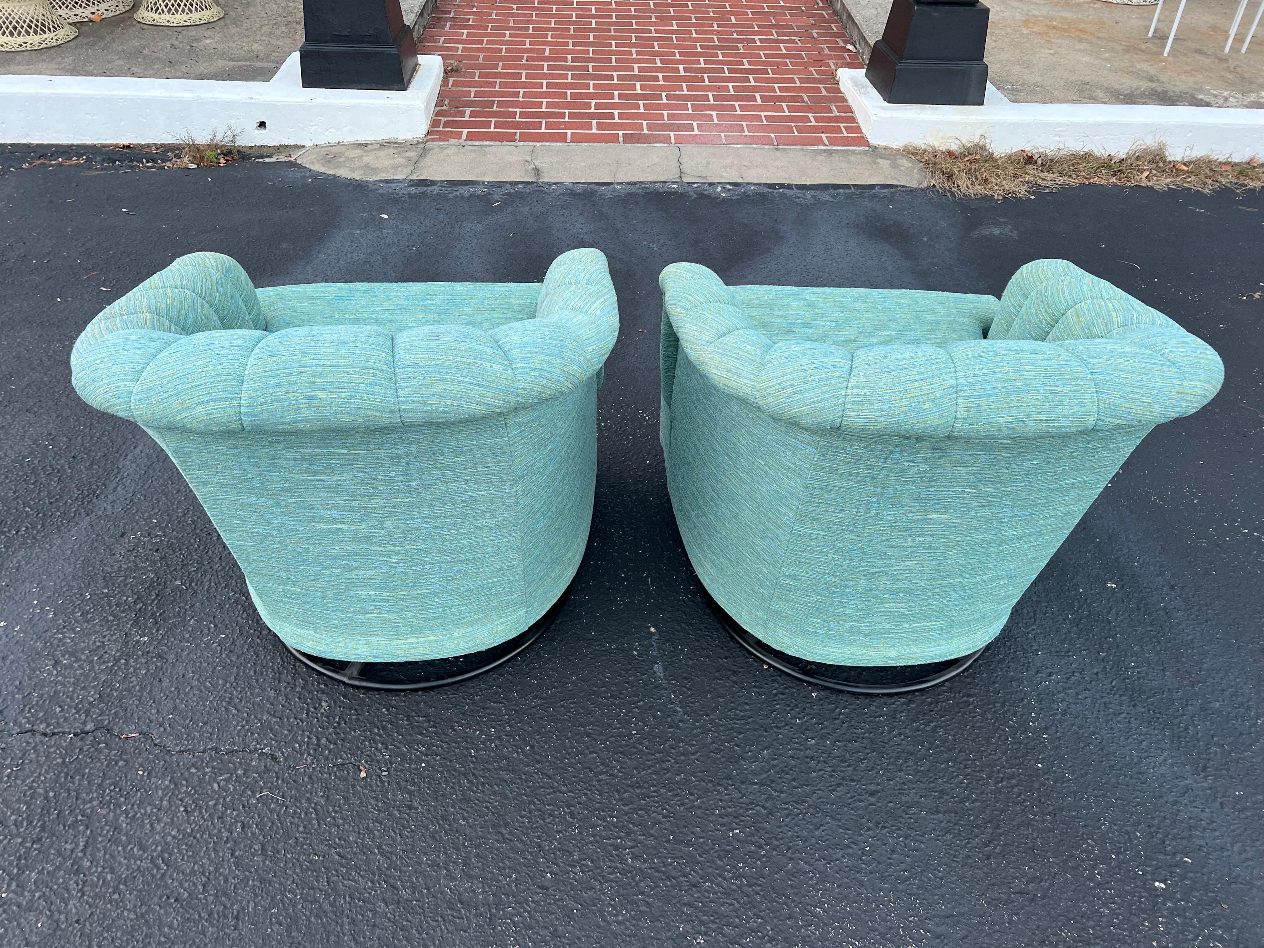Pair of Turquoise Channel Back Swivel Chairs  14