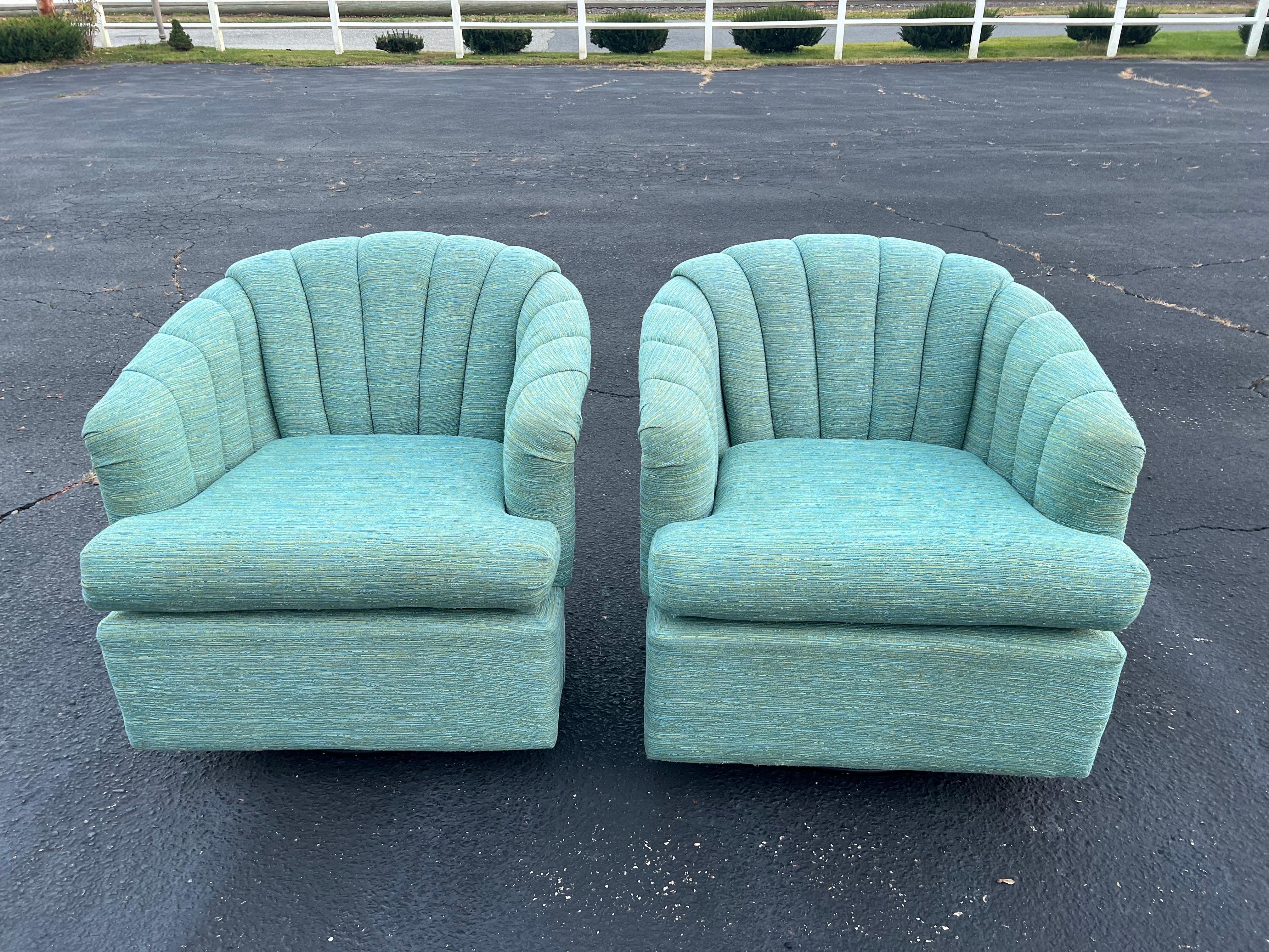 Post-Modern Pair of Turquoise Channel Back Swivel Chairs  For Sale