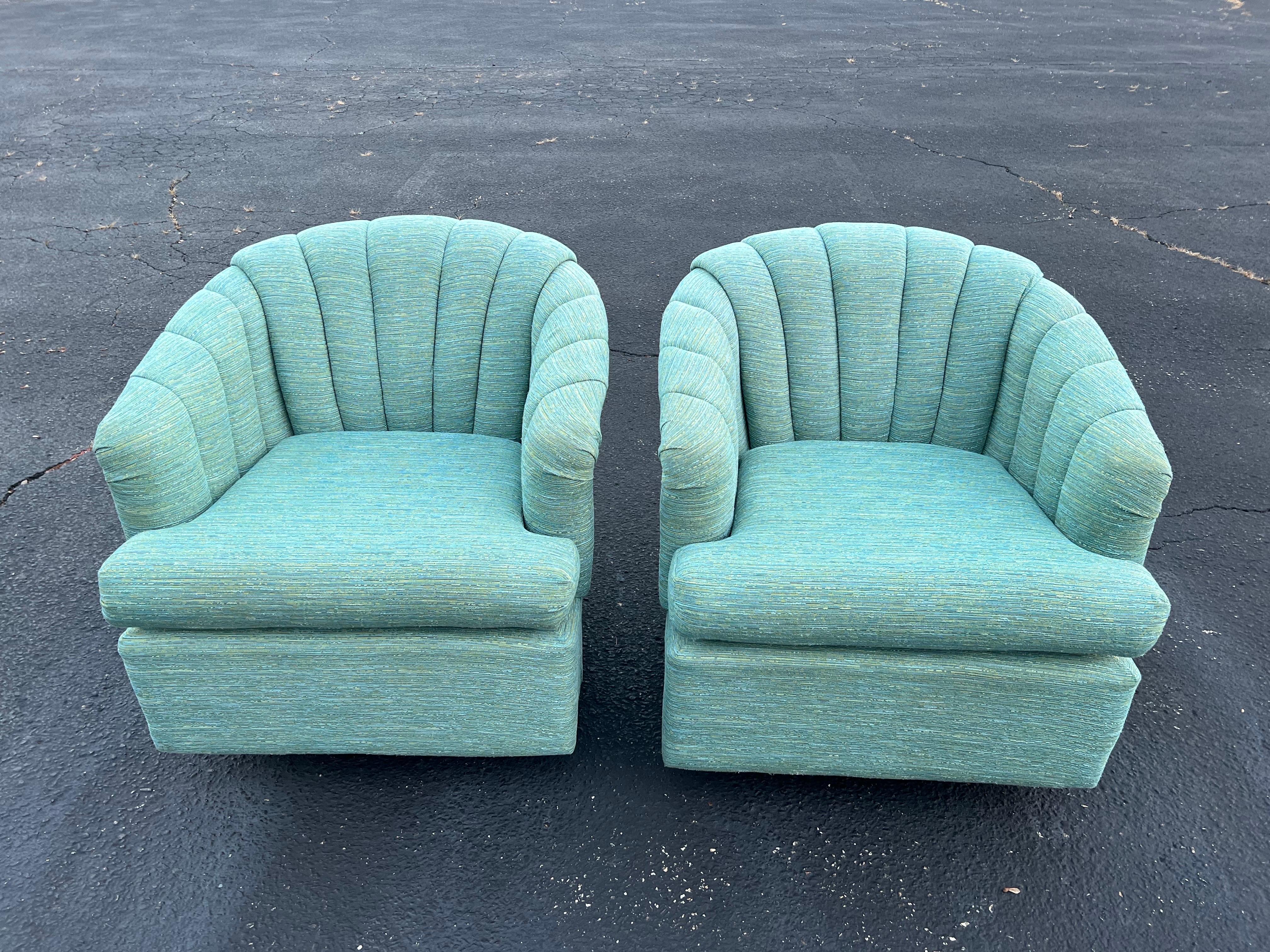 Pair of Turquoise Channel Back Swivel Chairs  In Good Condition For Sale In Redding, CT