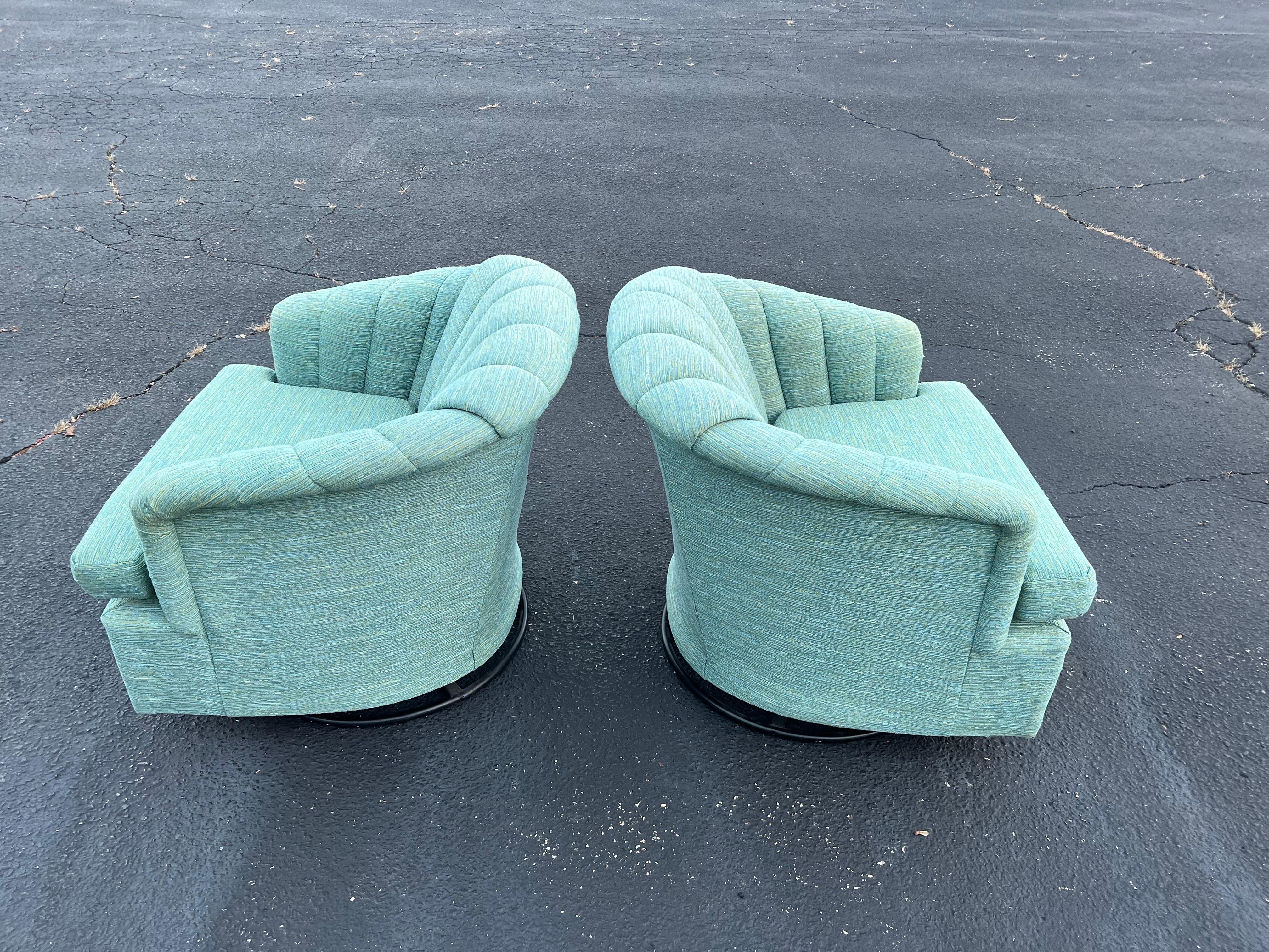 Contemporary Pair of Turquoise Channel Back Swivel Chairs  For Sale
