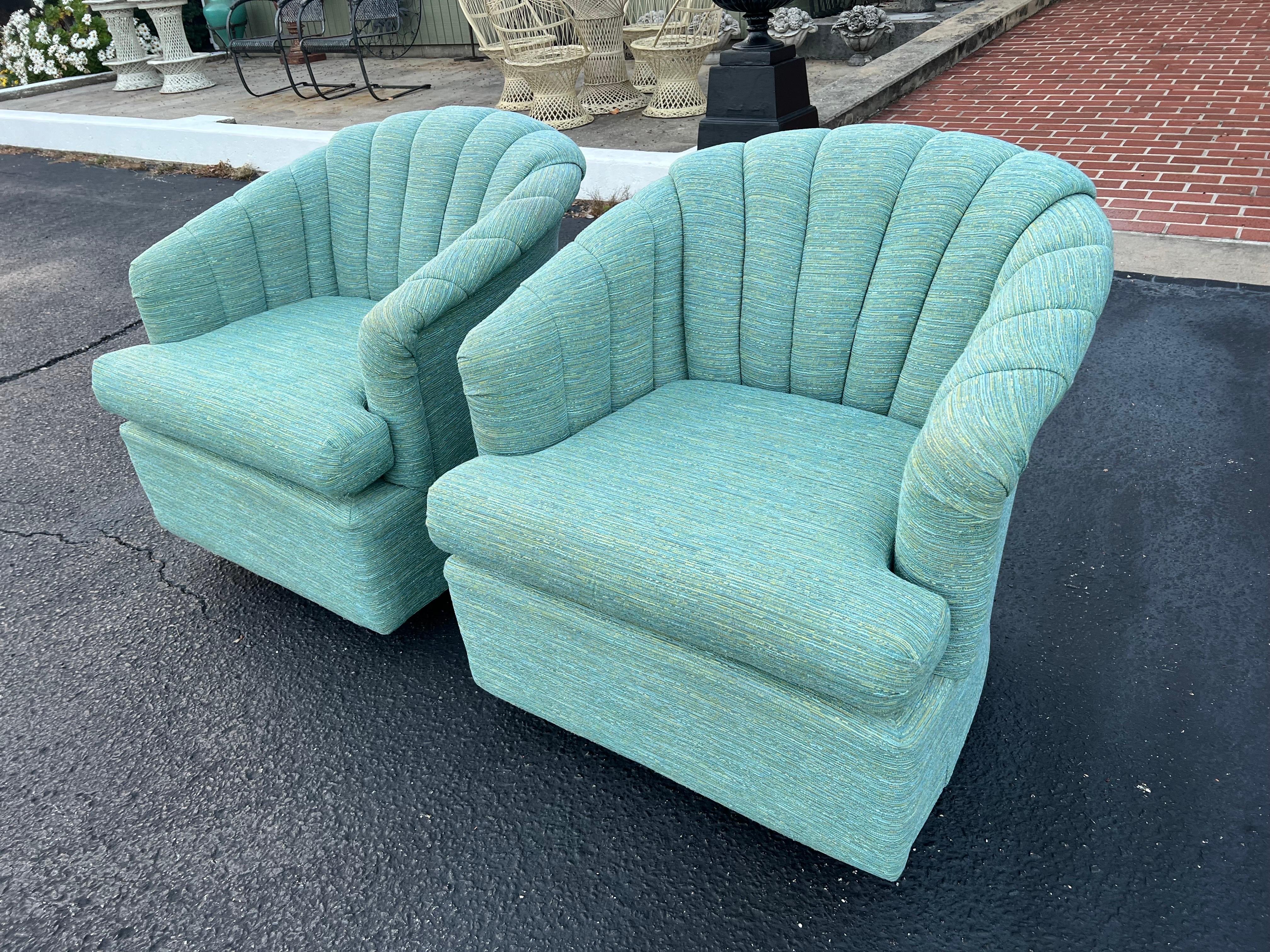 Metal Pair of Turquoise Channel Back Swivel Chairs 
