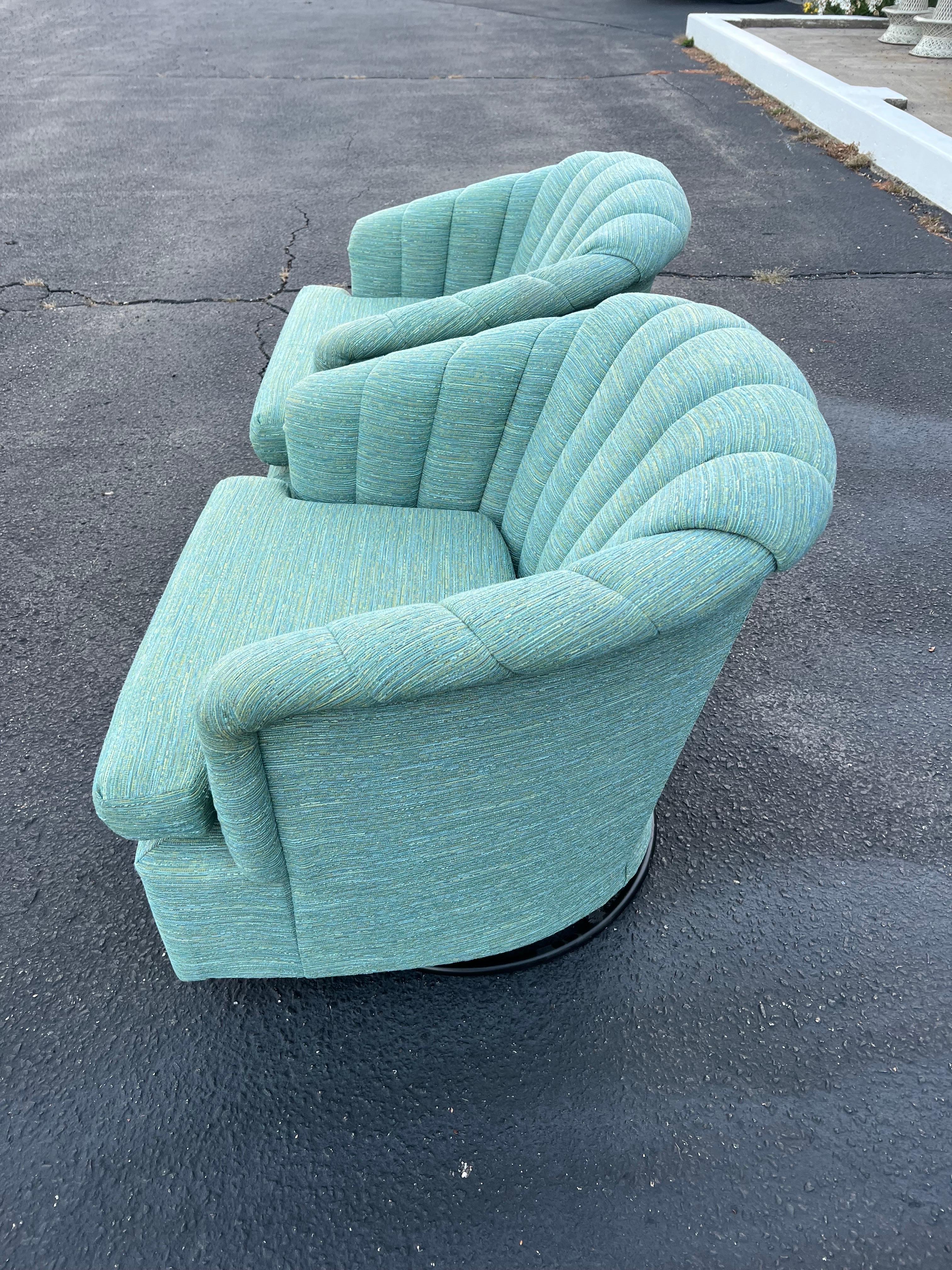 Pair of Turquoise Channel Back Swivel Chairs  1