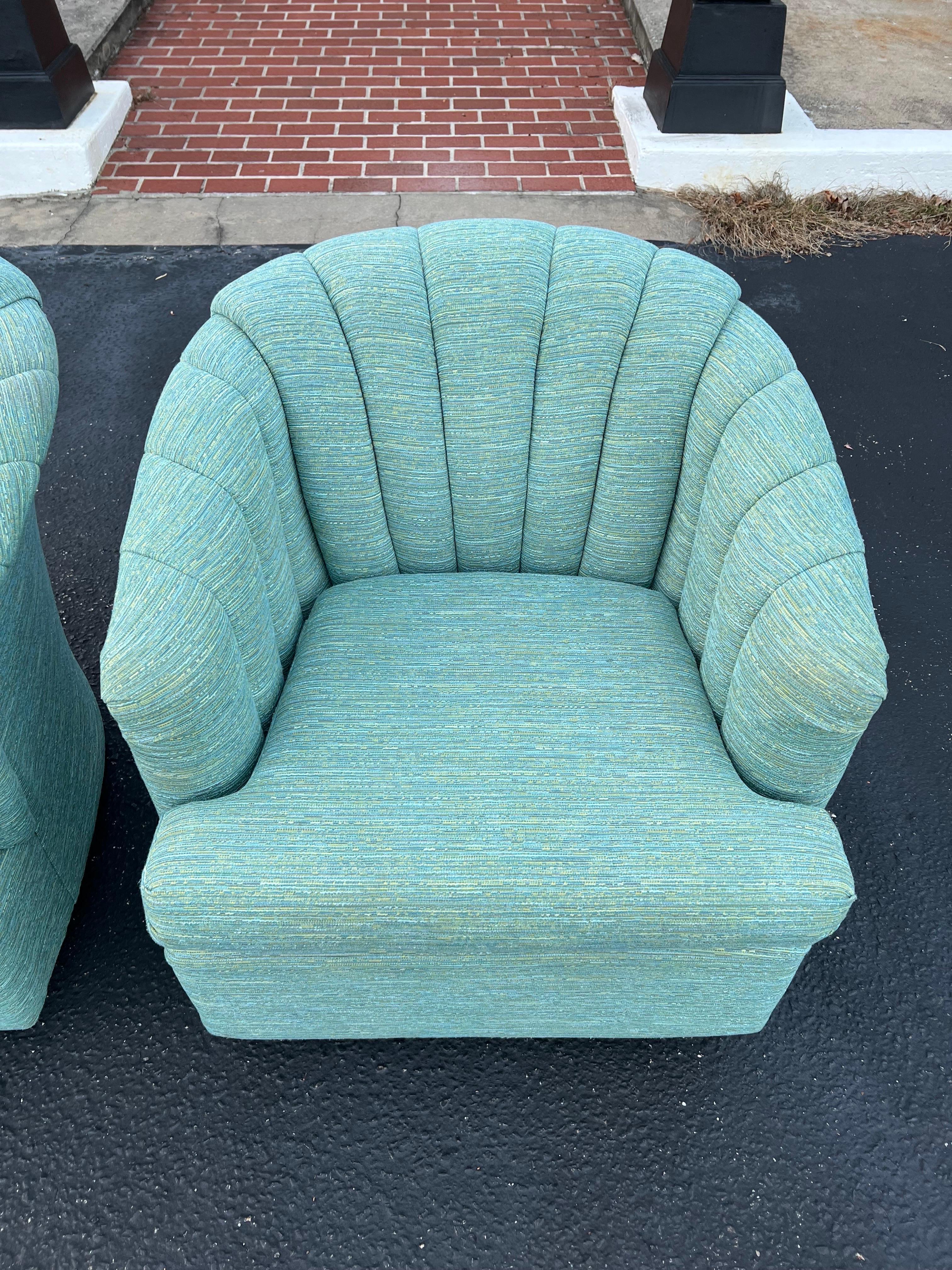 Pair of Turquoise Channel Back Swivel Chairs  For Sale 2
