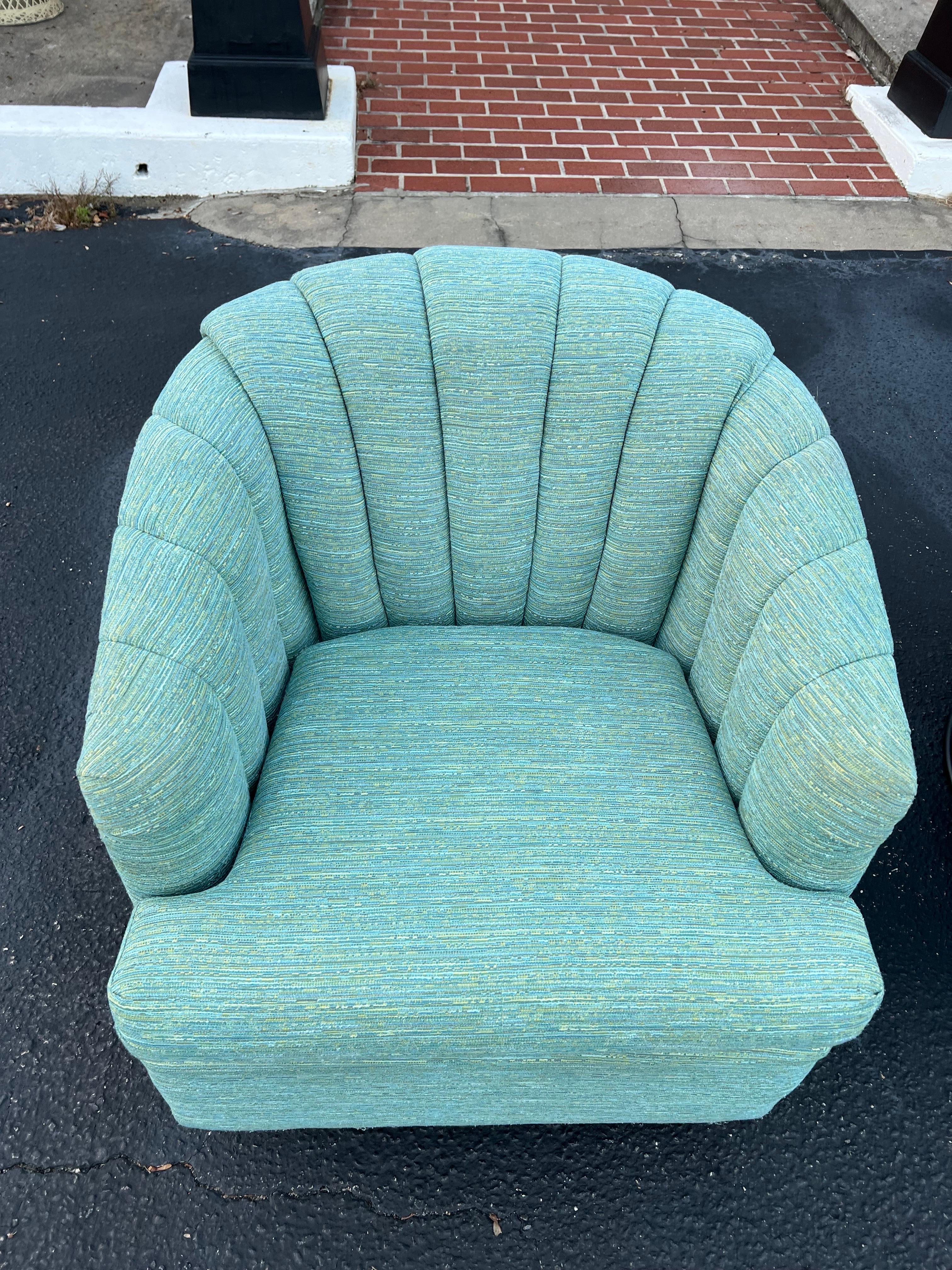 Pair of Turquoise Channel Back Swivel Chairs  For Sale 3