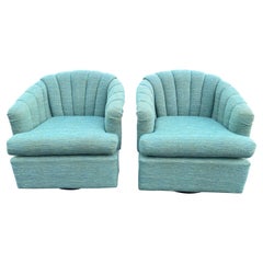 Pair of Turquoise Channel Back Swivel Chairs