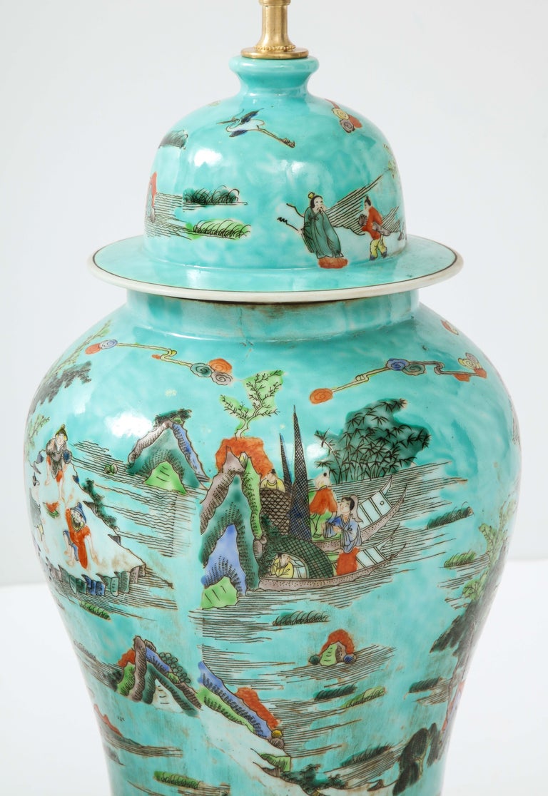Pair of Turquoise Chinoiserie Lamps For Sale at 1stDibs