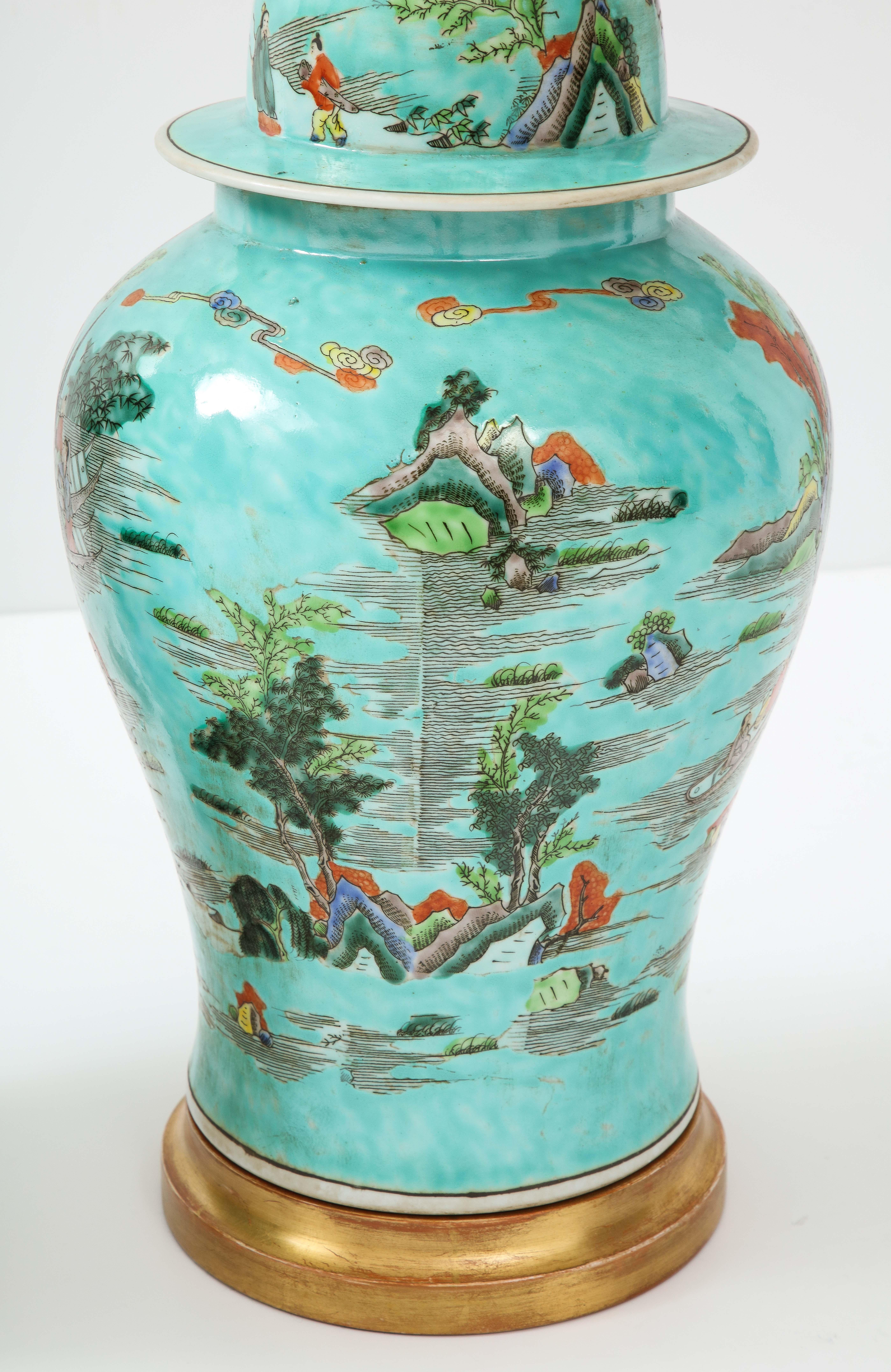 Late 20th Century Pair of Turquoise Chinoiserie Lamps