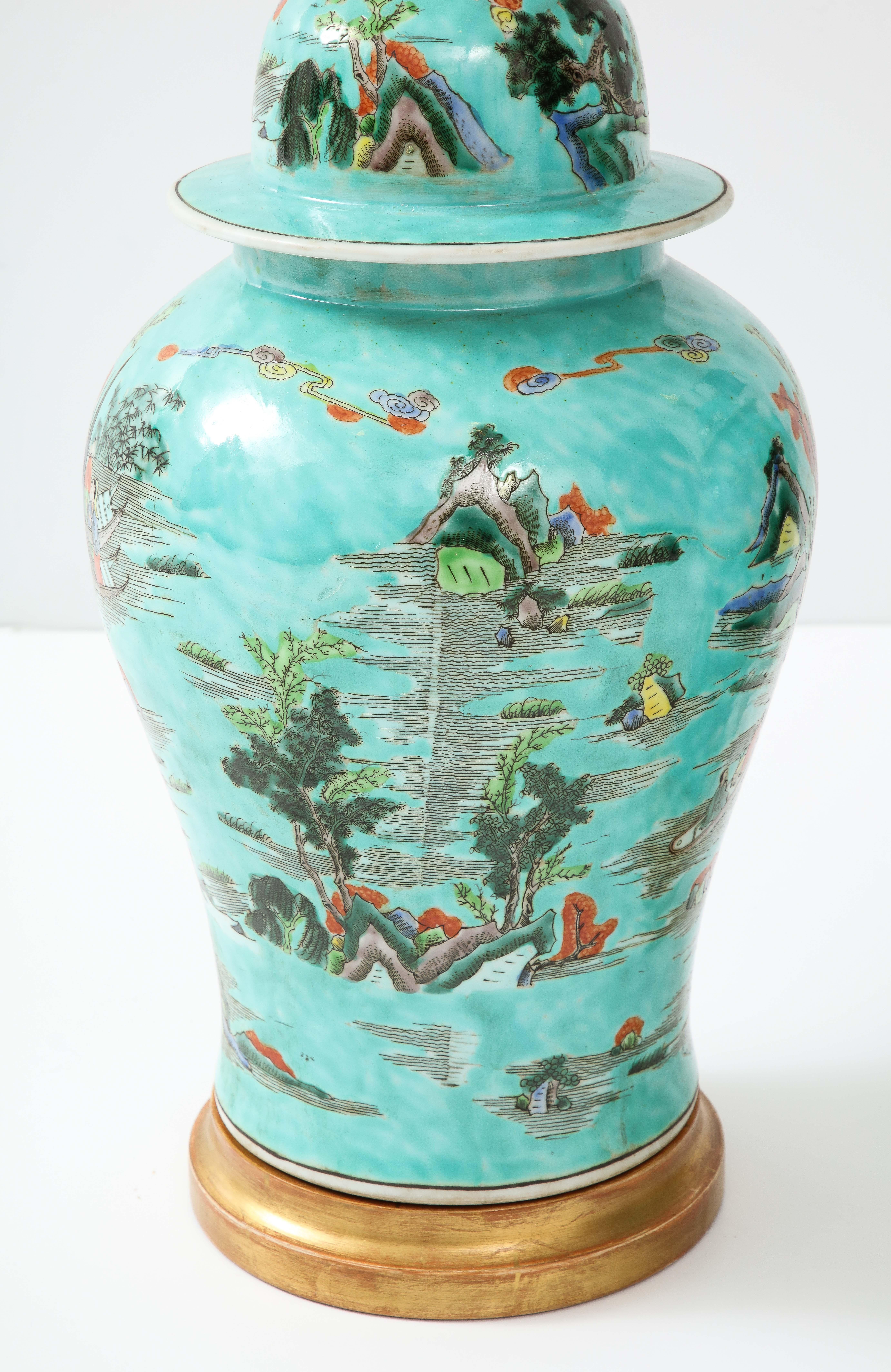 Porcelain Pair of Turquoise Chinoiserie Lamps