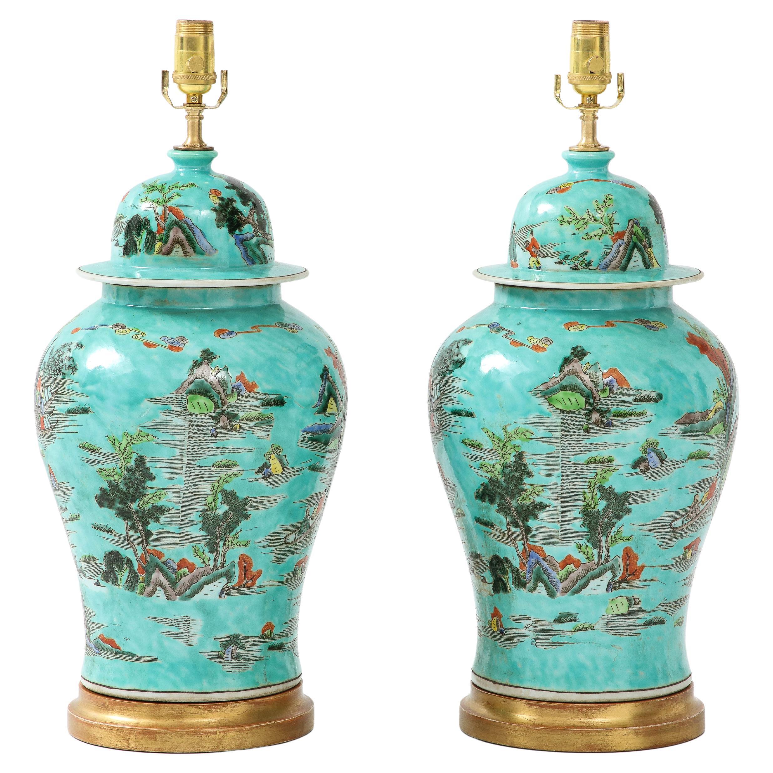 Pair of Turquoise Chinoiserie Lamps