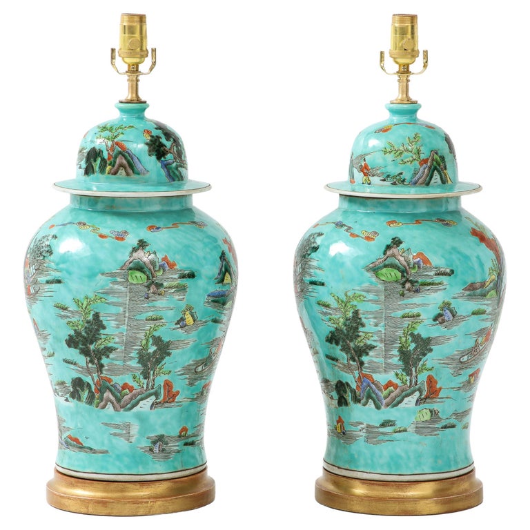 Pair of Turquoise Chinoiserie Lamps For Sale at 1stDibs