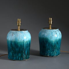 Pair of Turquoise Crackle Glaze Pottery Vases as Lamps