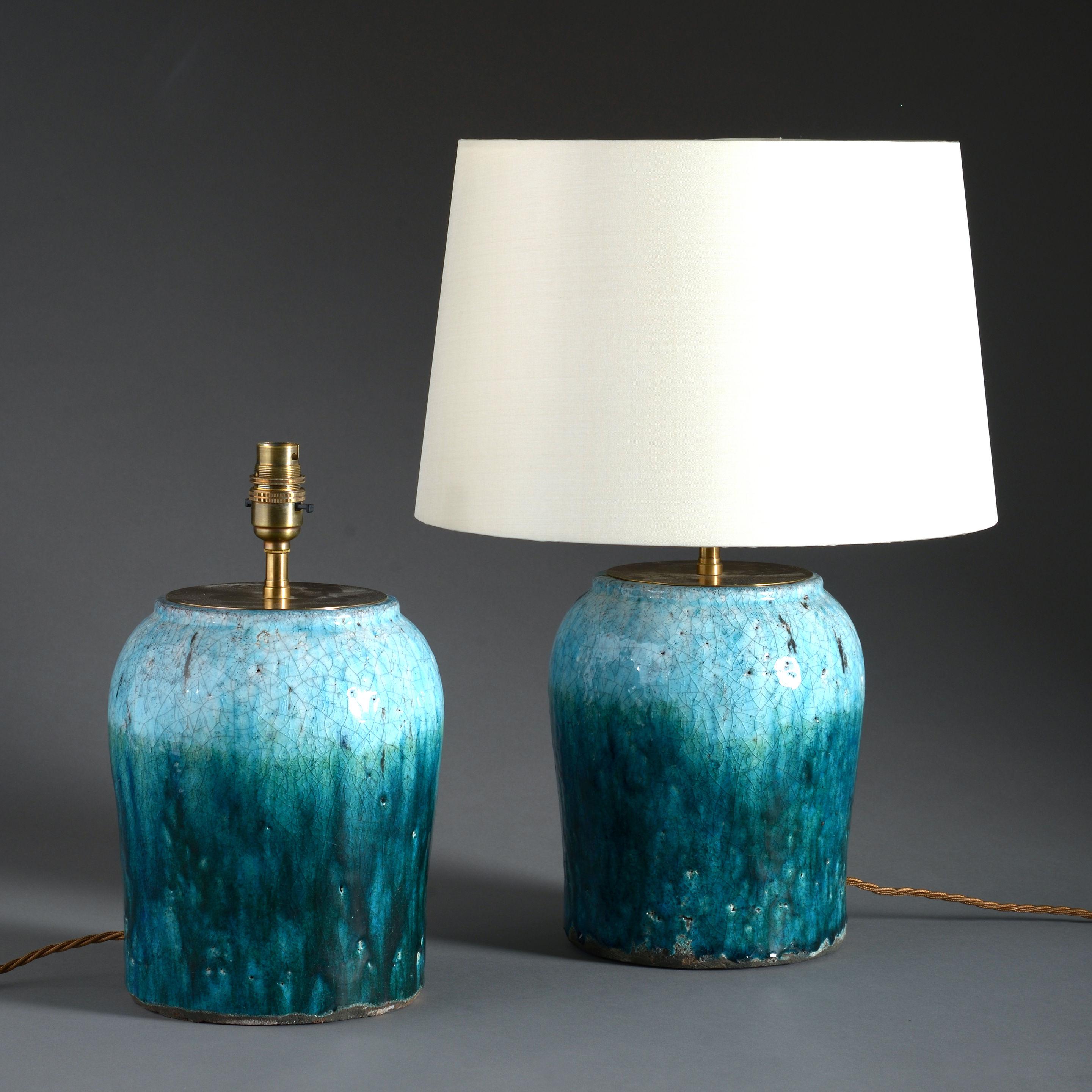 French Pair of Turquoise Crackle Glaze Pottery Vases as Lamps
