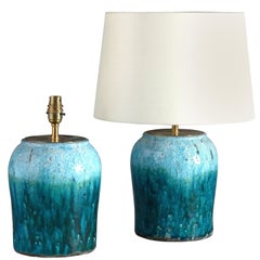 Pair of Turquoise Crackle Glaze Pottery Vases as Lamps