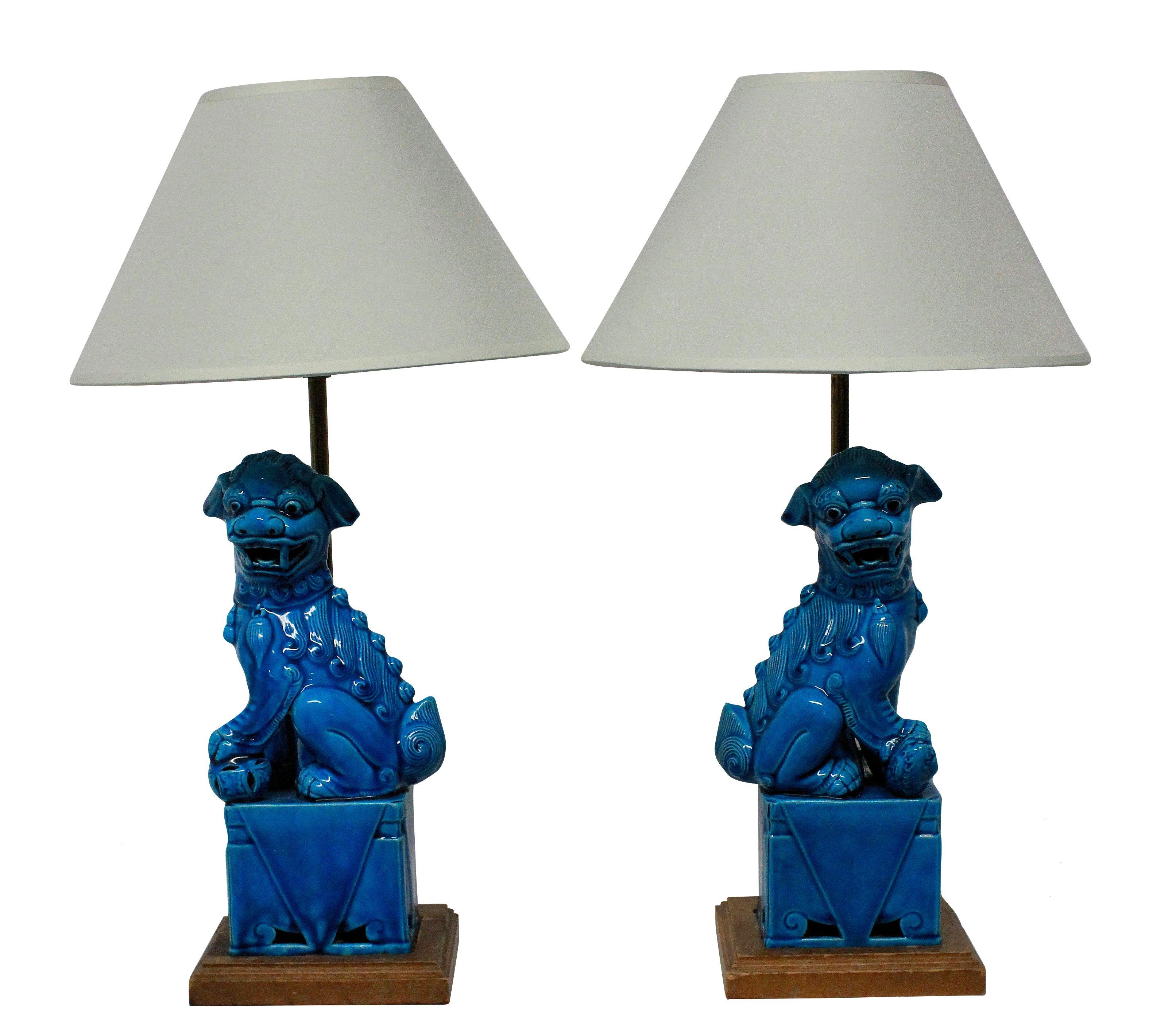 Mid-Century Modern Pair of Turquoise Foo Dog Lamps