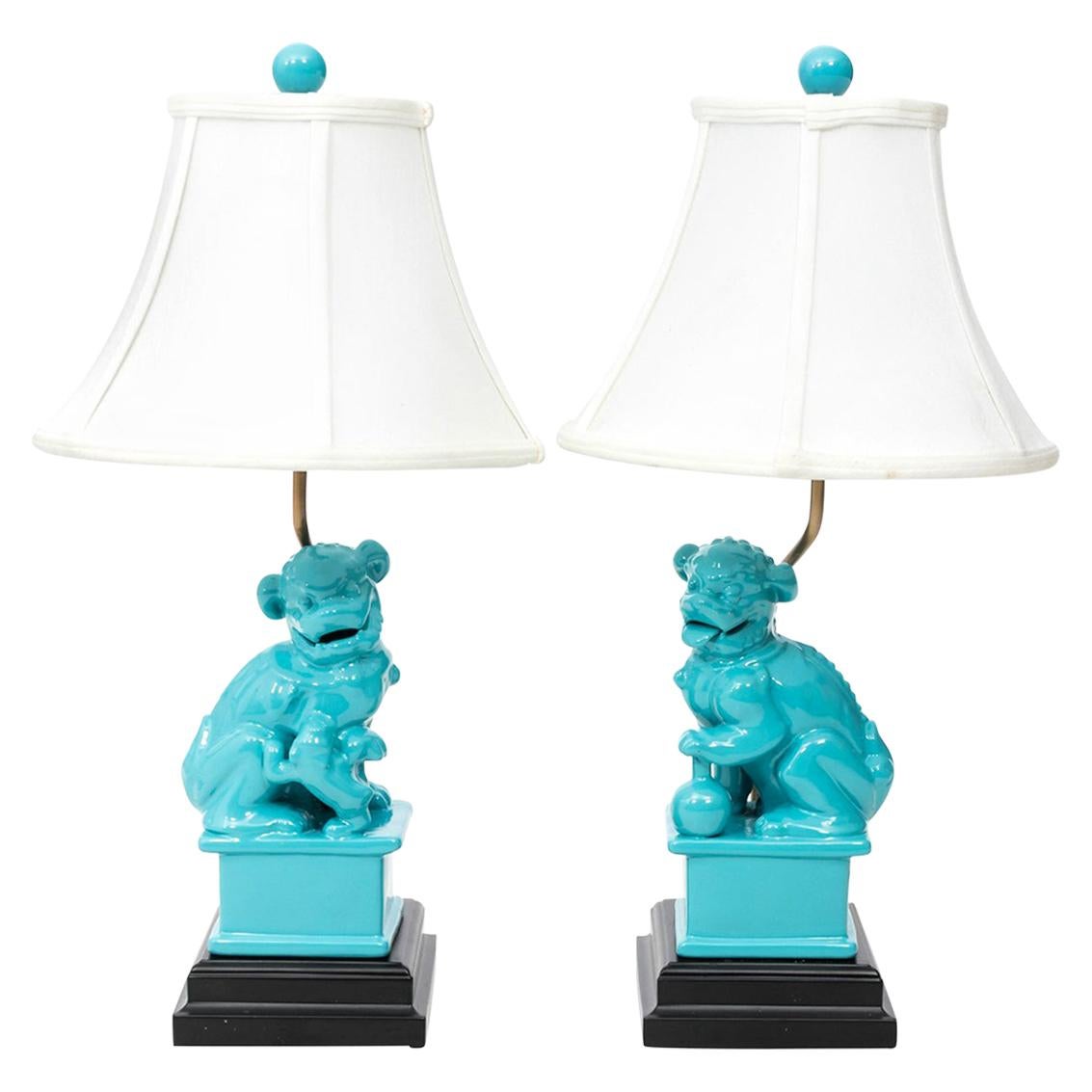 Pair of Turquoise Foo Dog Lamps