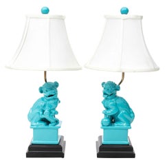 Retro Pair of Turquoise Foo Dog Lamps