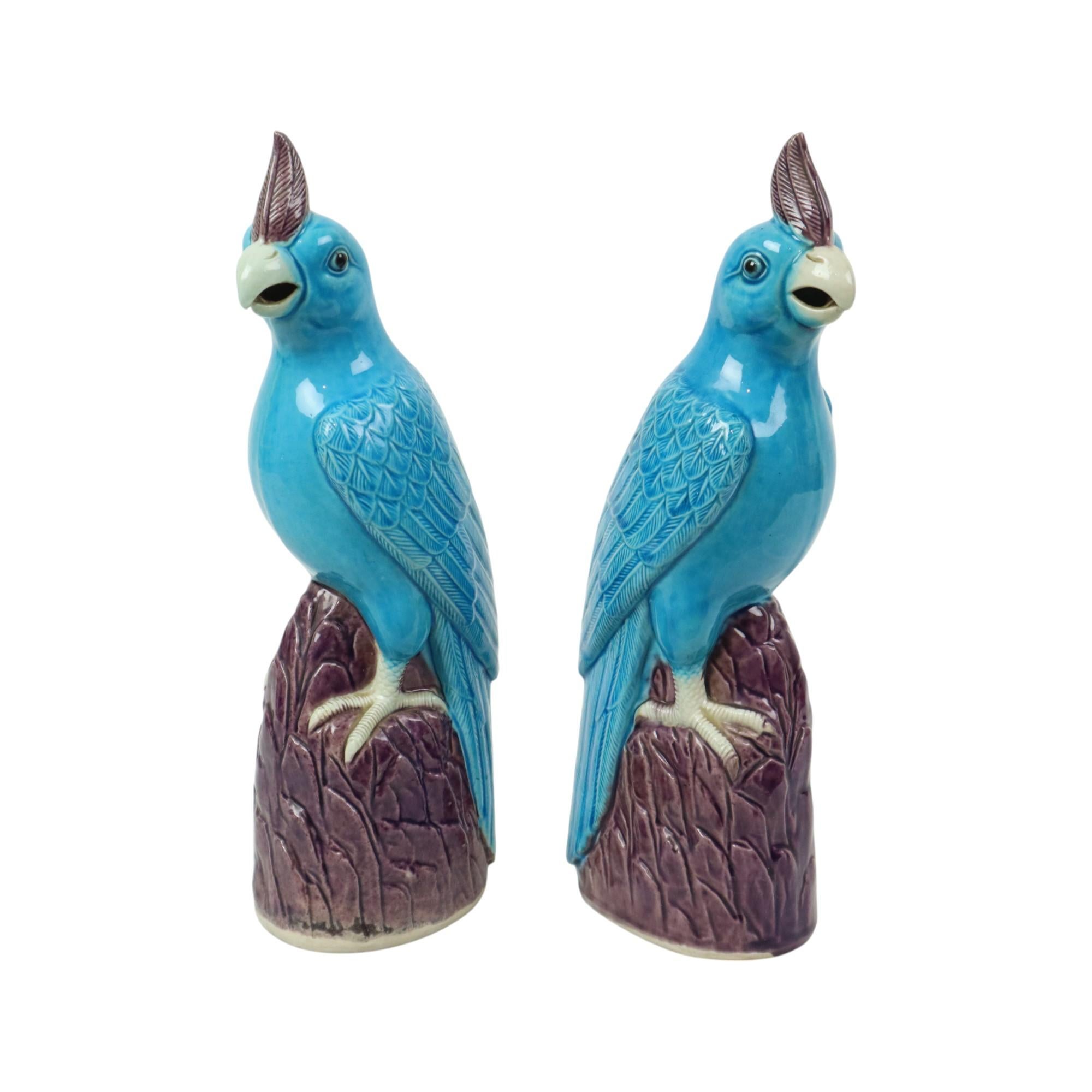 Pair of Turquoise Glazed Parrots Chinese Porcelain 30cm For Sale 9