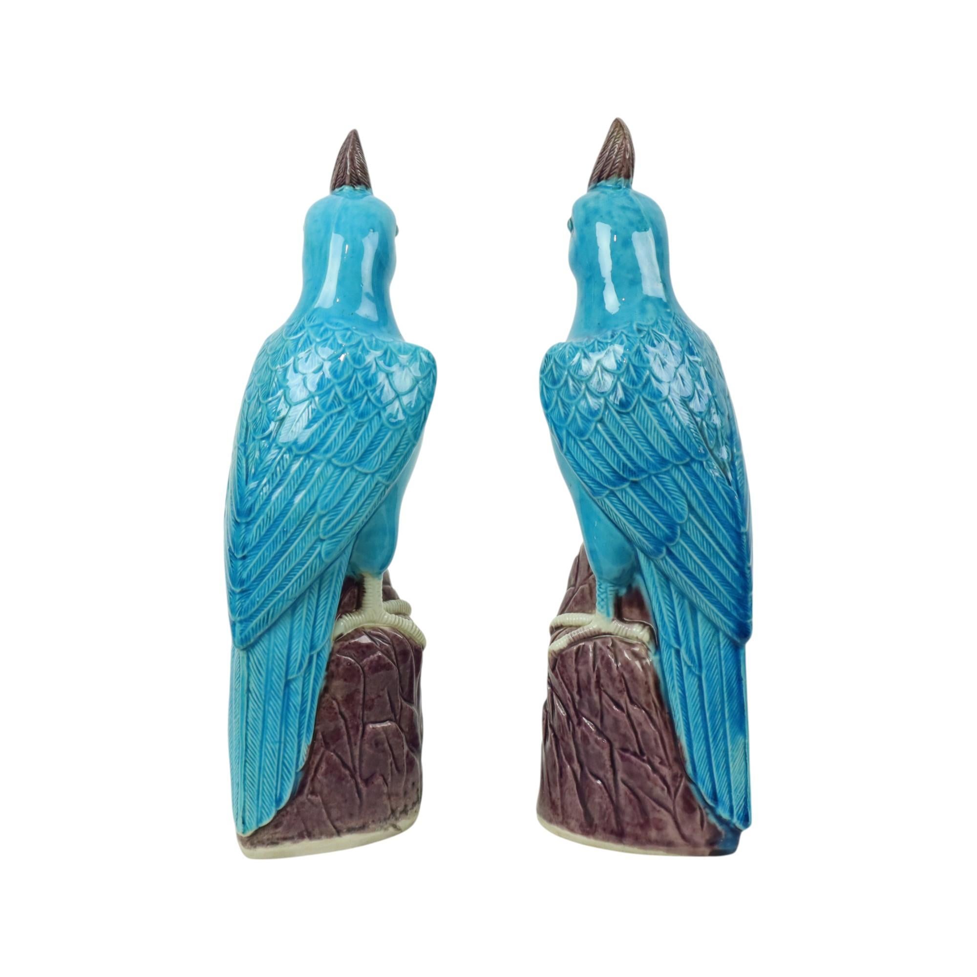Early 20th Century Pair of Turquoise Glazed Parrots Chinese Porcelain 30cm For Sale