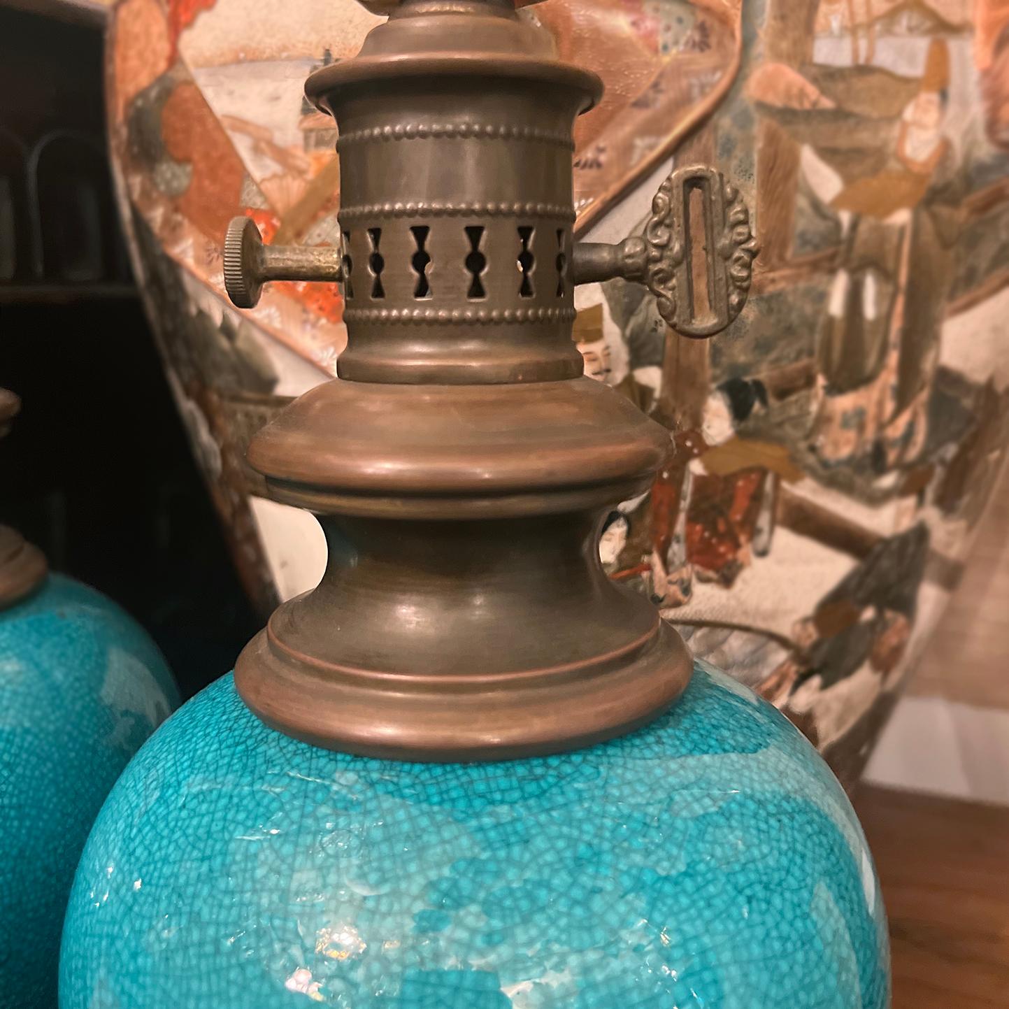 Italian Pair of Turquoise Glazed Porcelain Lamps For Sale