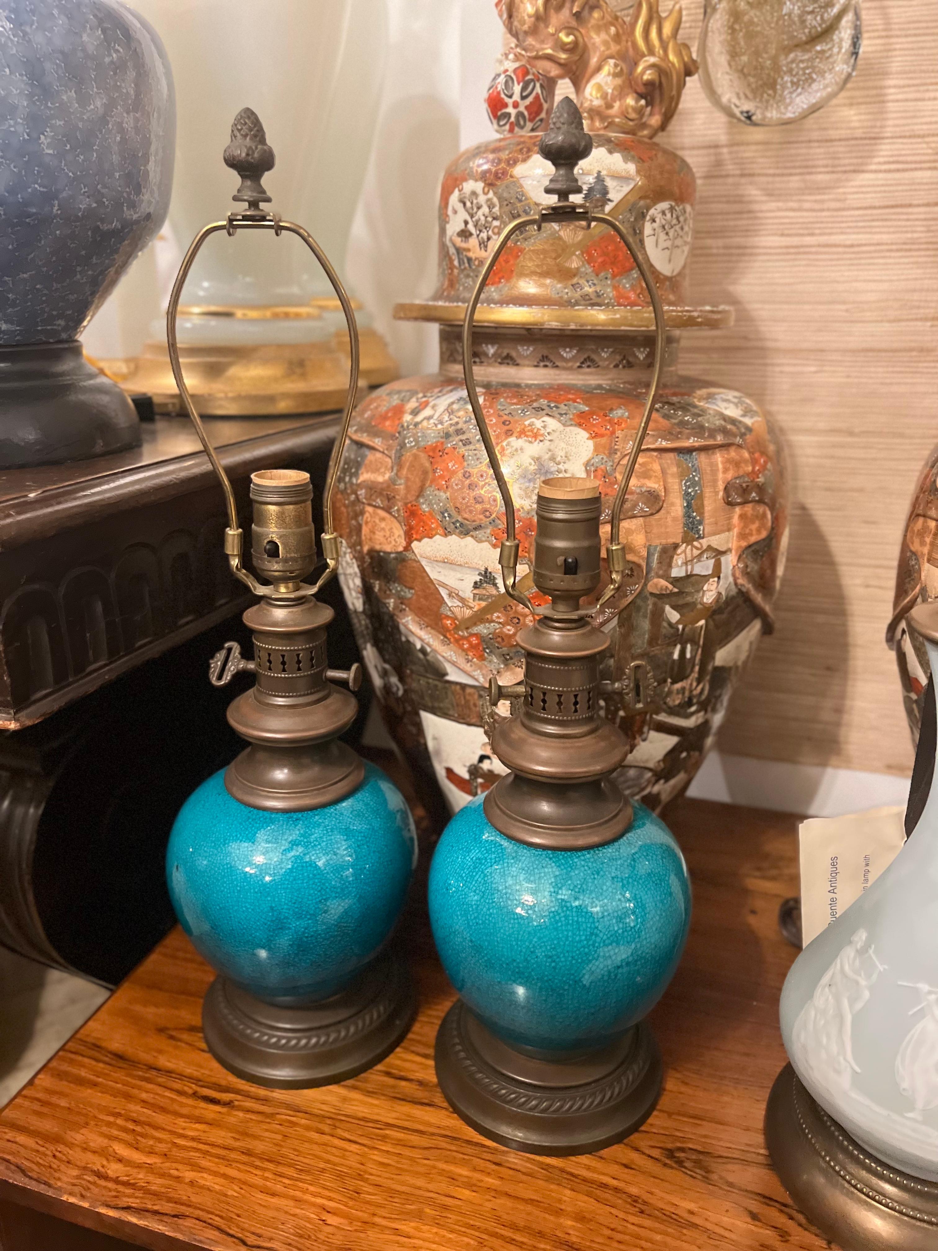 Mid-20th Century Pair of Turquoise Glazed Porcelain Lamps For Sale