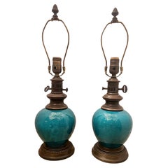 Vintage Pair of Turquoise Glazed Porcelain Lamps