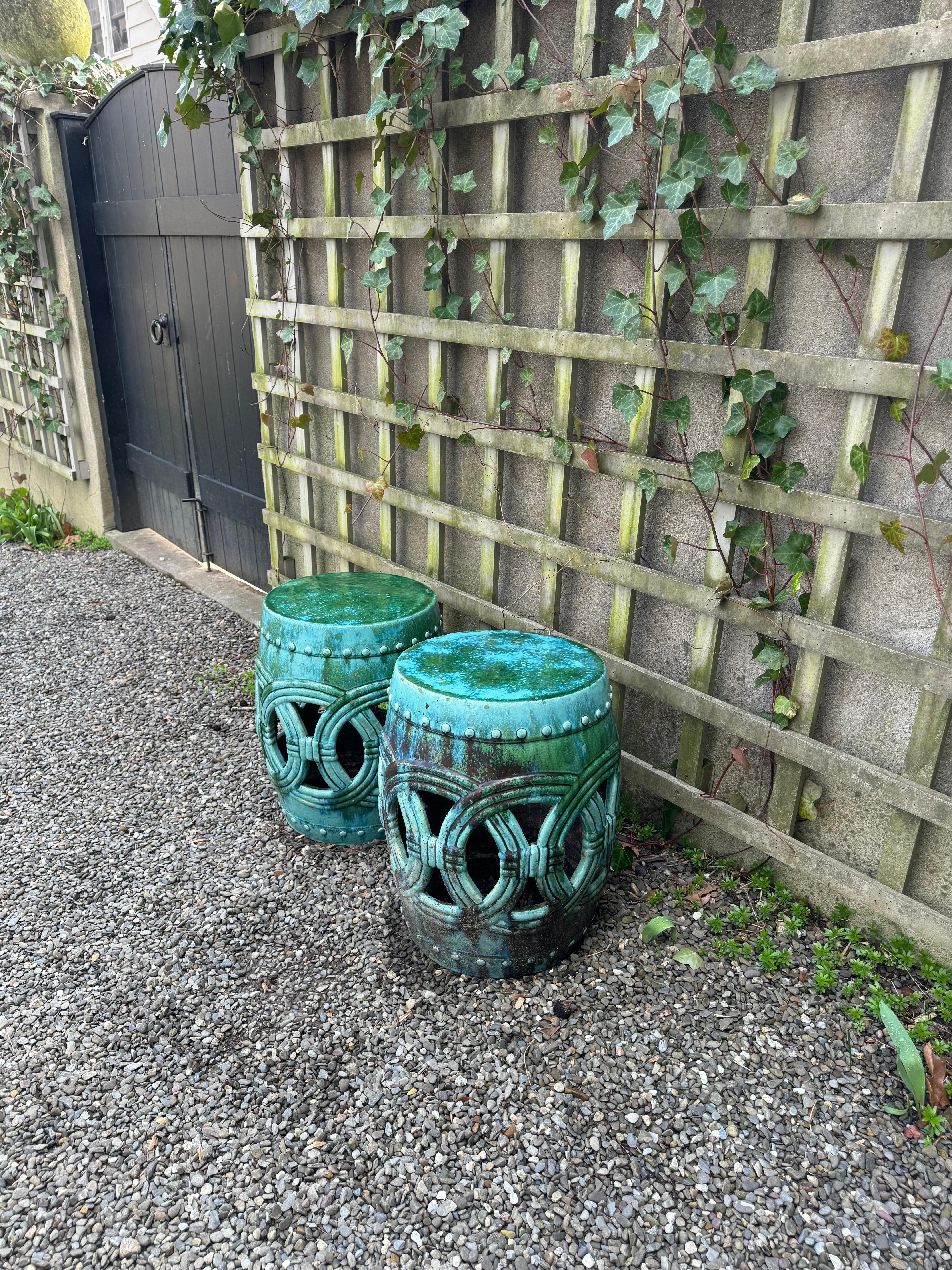 Pair of turquoise glazed ceramic garden seats having drum form with pierced reticulated decoration.  Made in Italy.