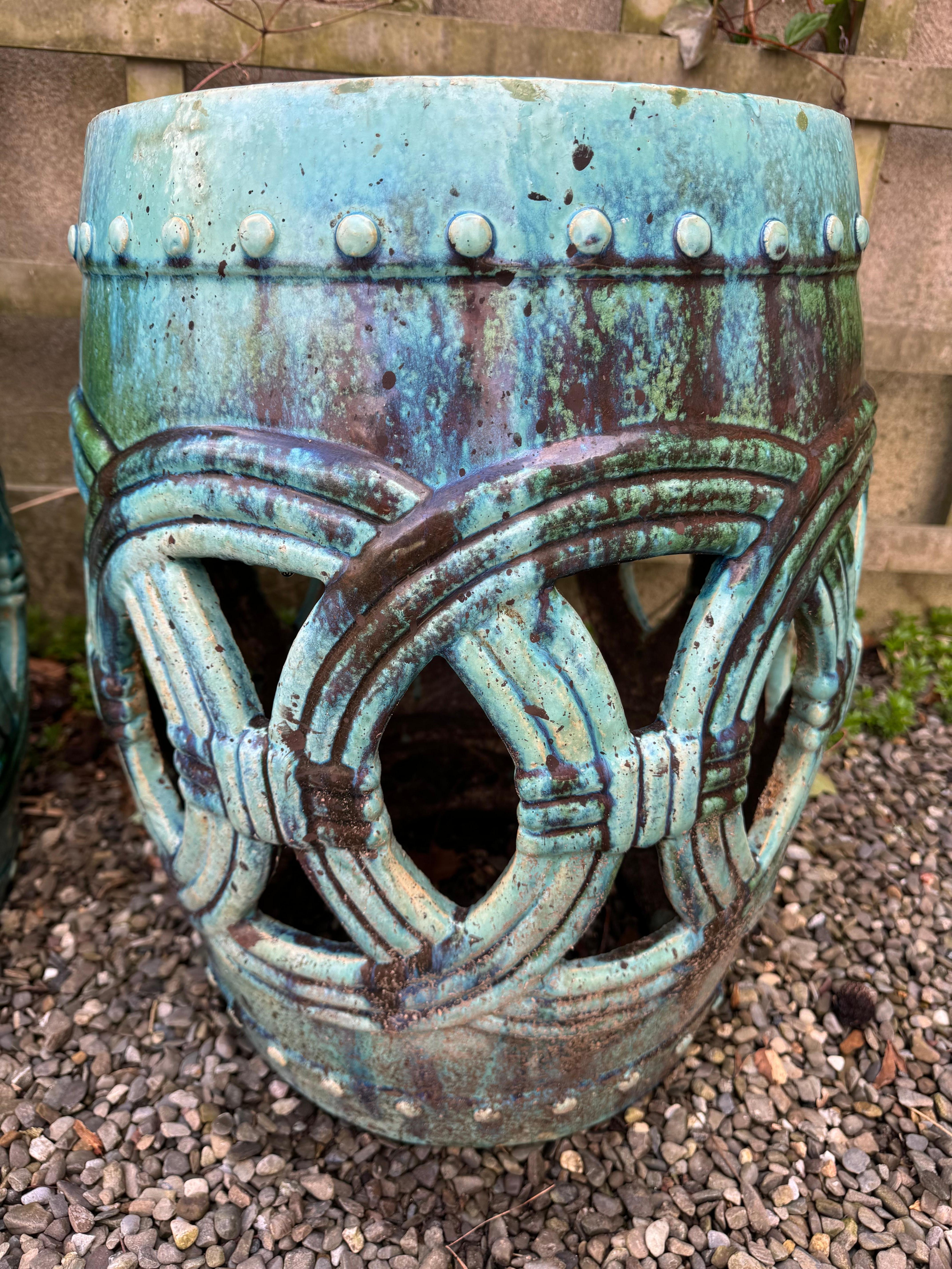 Italian Pair of Turquoise Glazed Reticulated Garden Seats End Tables For Sale