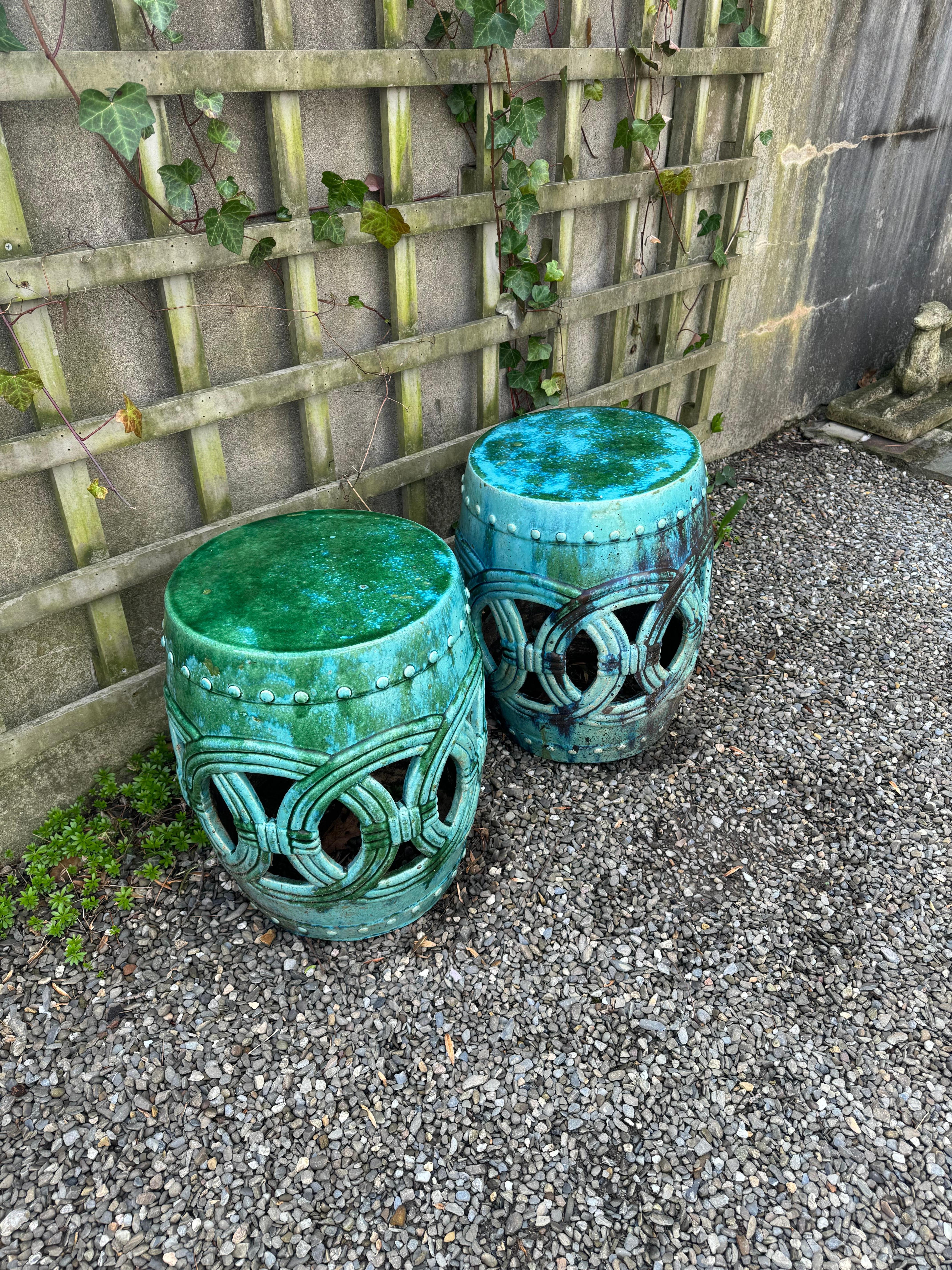 Pair of Turquoise Glazed Reticulated Garden Seats End Tables In Good Condition For Sale In Hopewell, NJ