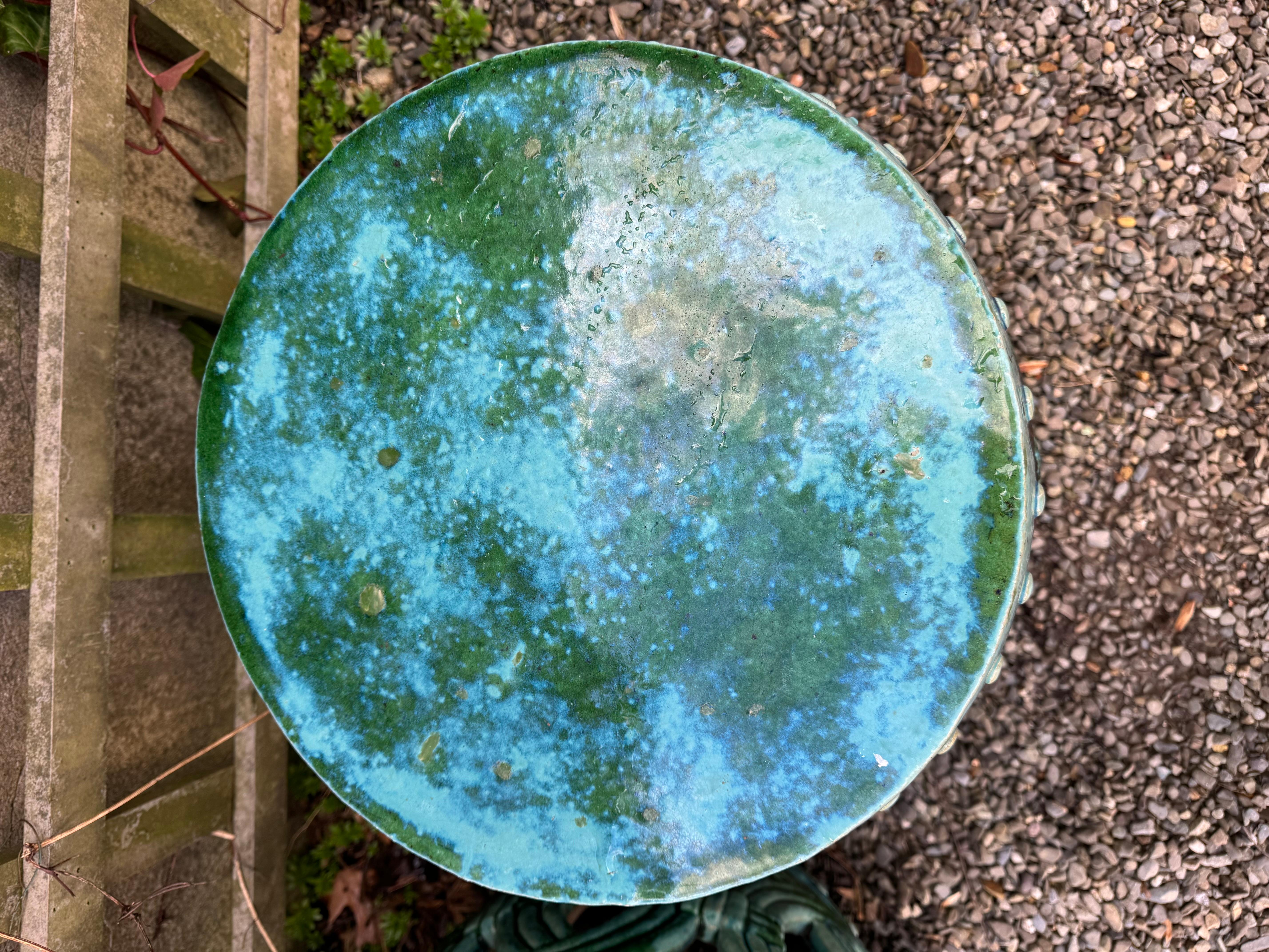 Mid-20th Century Pair of Turquoise Glazed Reticulated Garden Seats End Tables For Sale