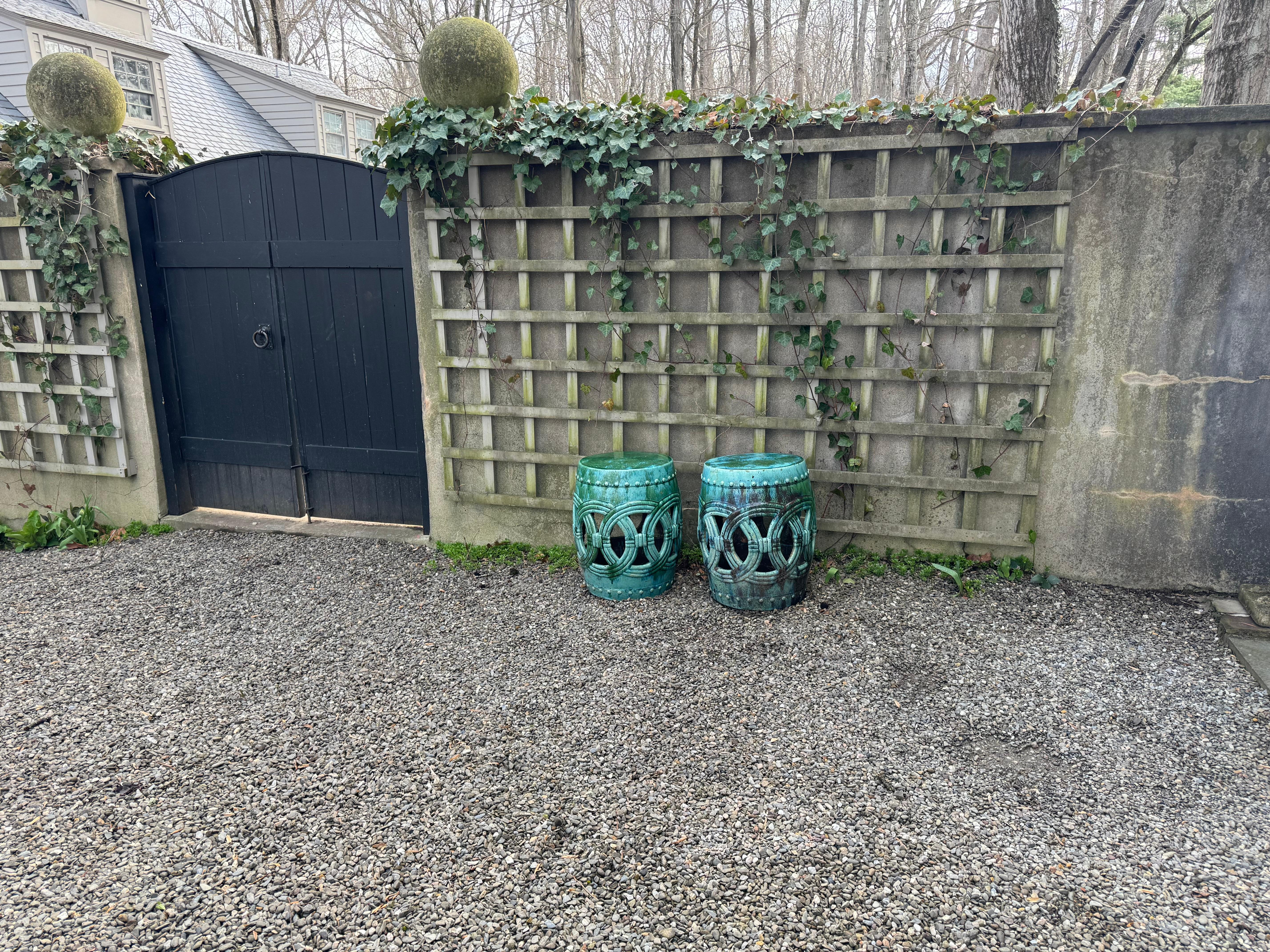 Ceramic Pair of Turquoise Glazed Reticulated Garden Seats End Tables For Sale