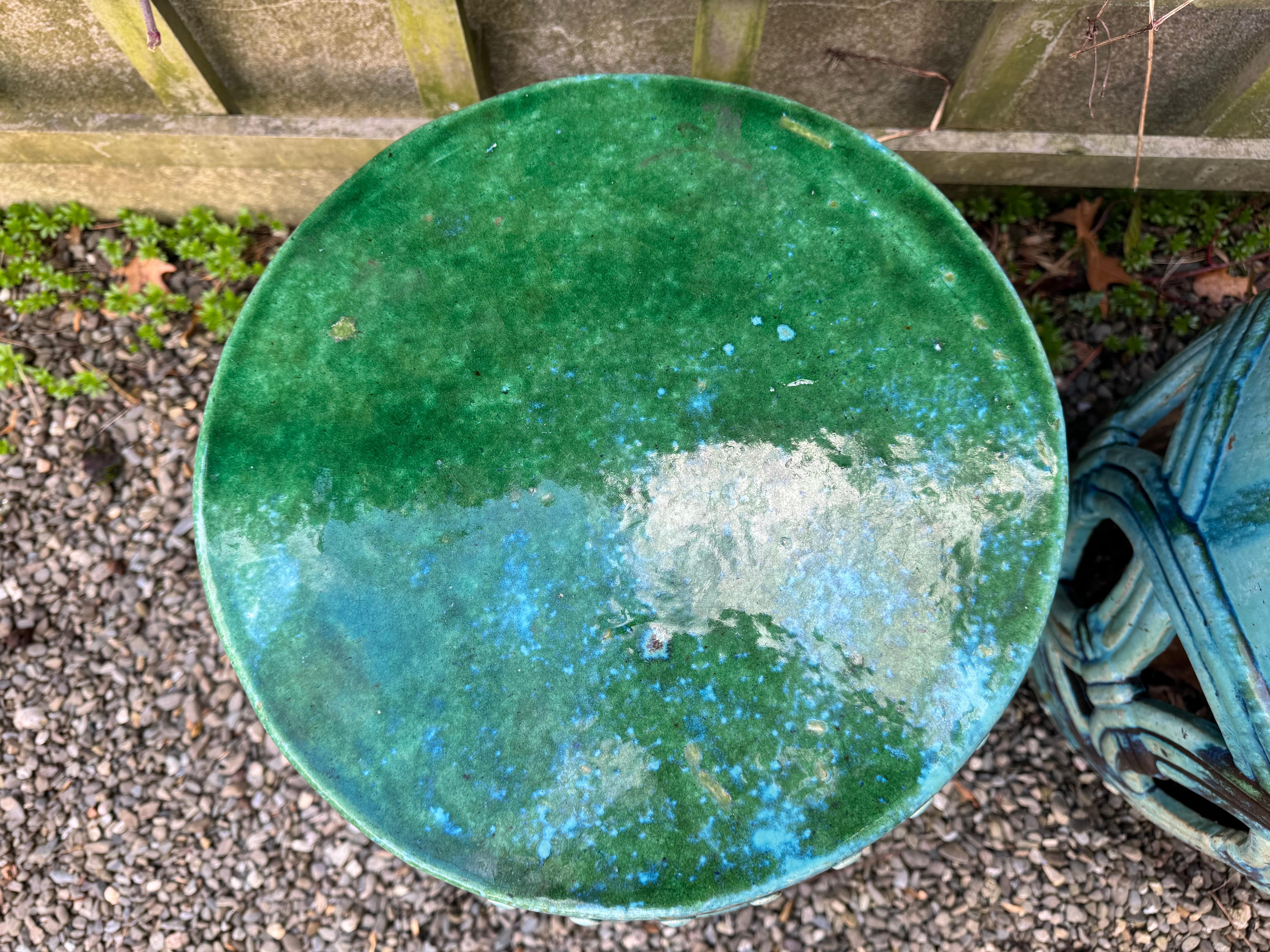 Pair of Turquoise Glazed Reticulated Garden Seats End Tables For Sale 2