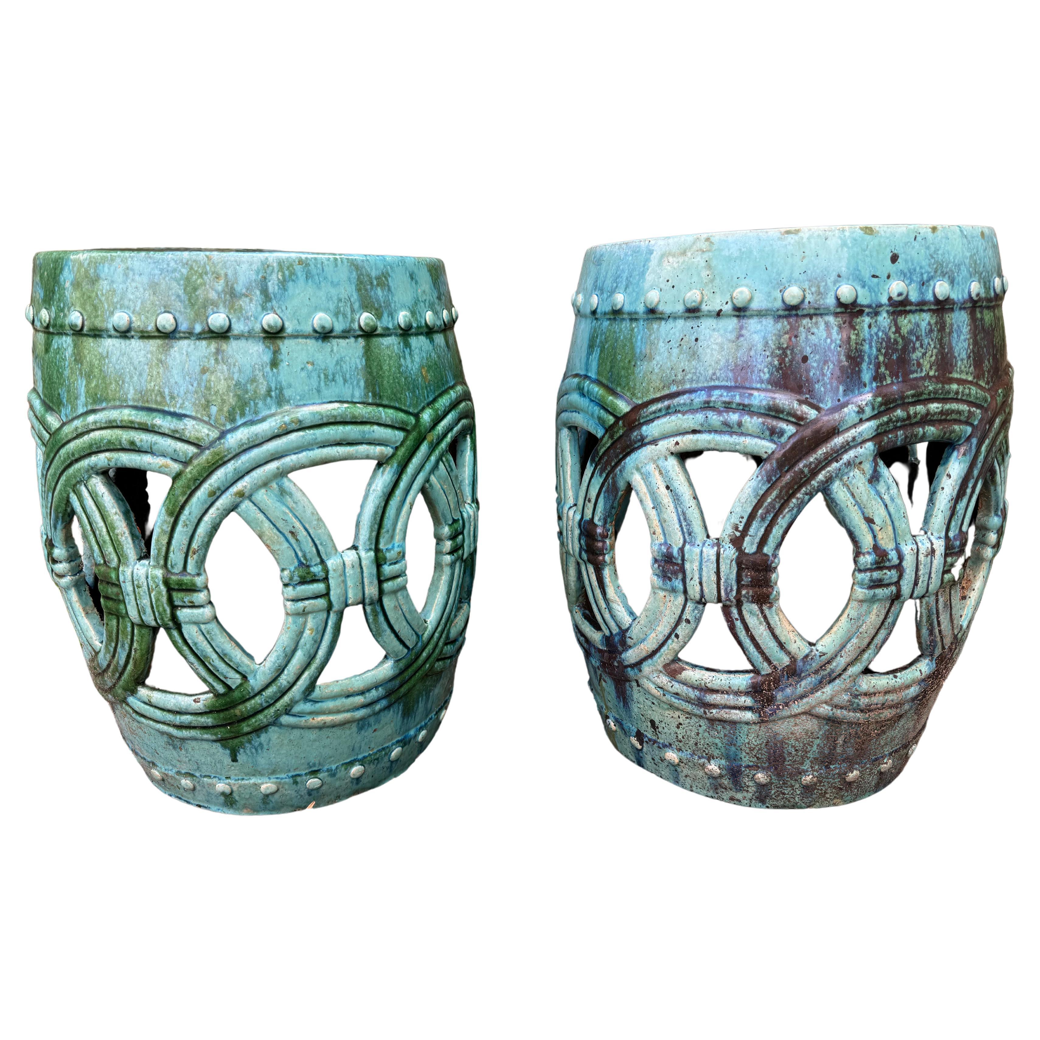 Pair of Turquoise Glazed Reticulated Garden Seats End Tables For Sale