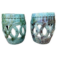 Vintage Pair of Turquoise Glazed Reticulated Garden Seats End Tables