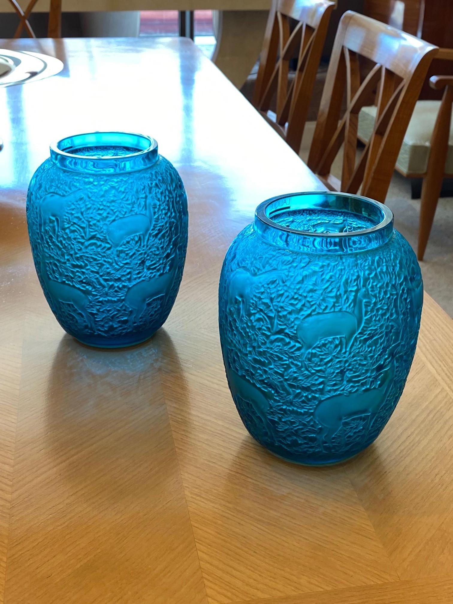 Modern Pair of Turquoise Lalique Biches Vases