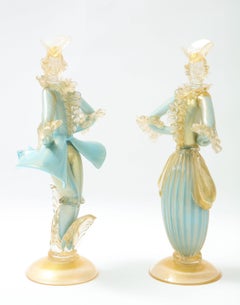 Pair of Turquoise Murano Glass Louis XV Style Figurines by Seguso Vetri Arte
