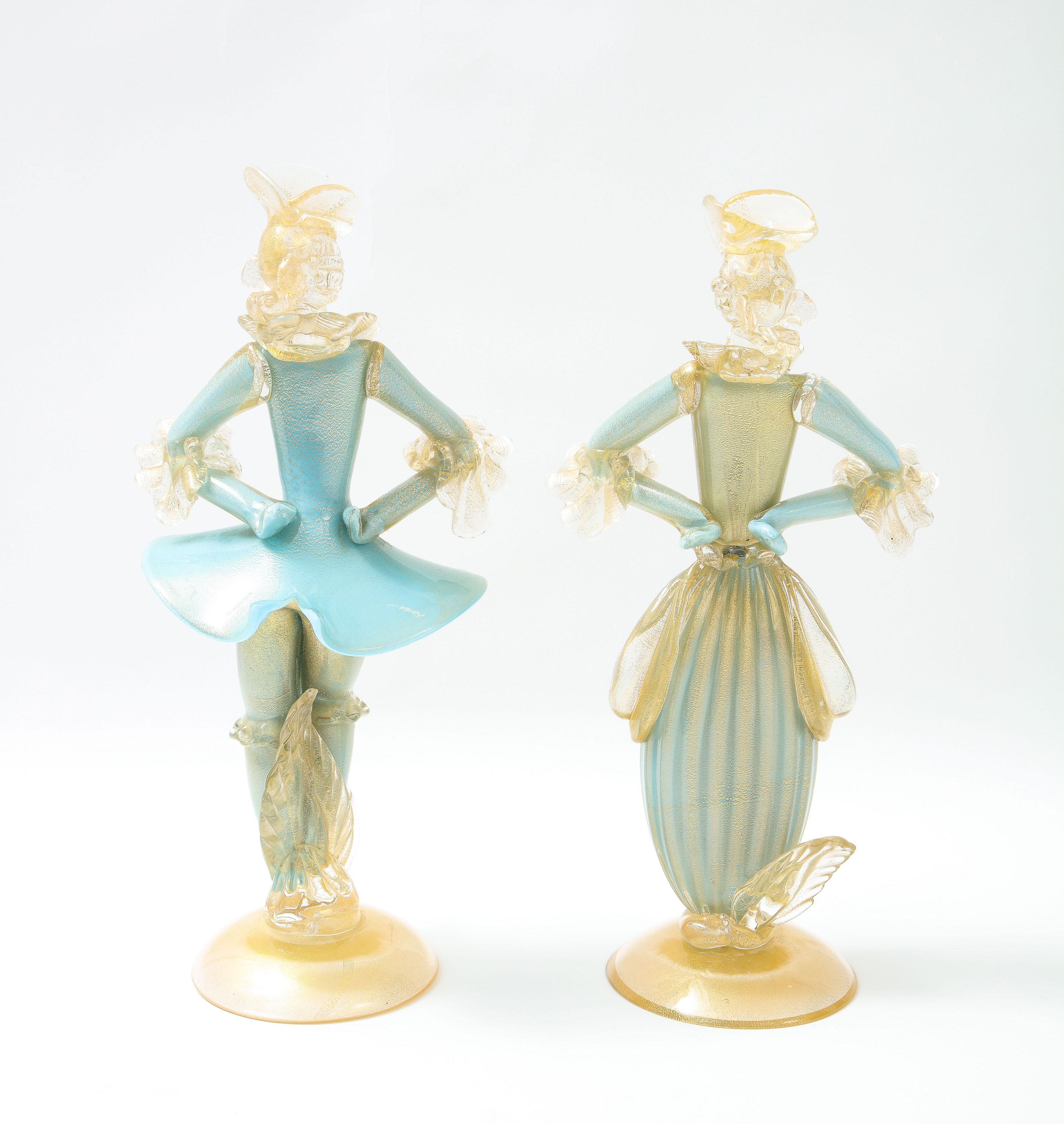 Mid-Century Modern Pair of Turquoise Murano Glass Louis XV Style Figurines by Seguso Vetri Arte For Sale
