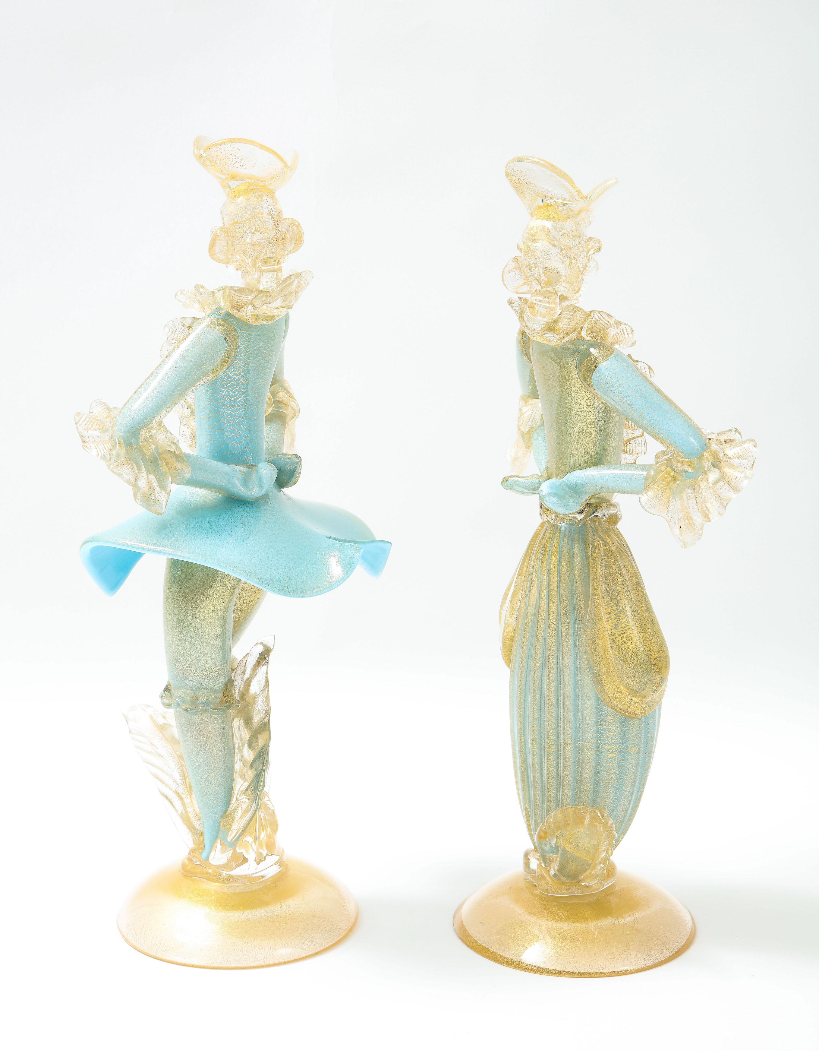 Italian Pair of Turquoise Murano Glass Louis XV Style Figurines by Seguso Vetri Arte For Sale