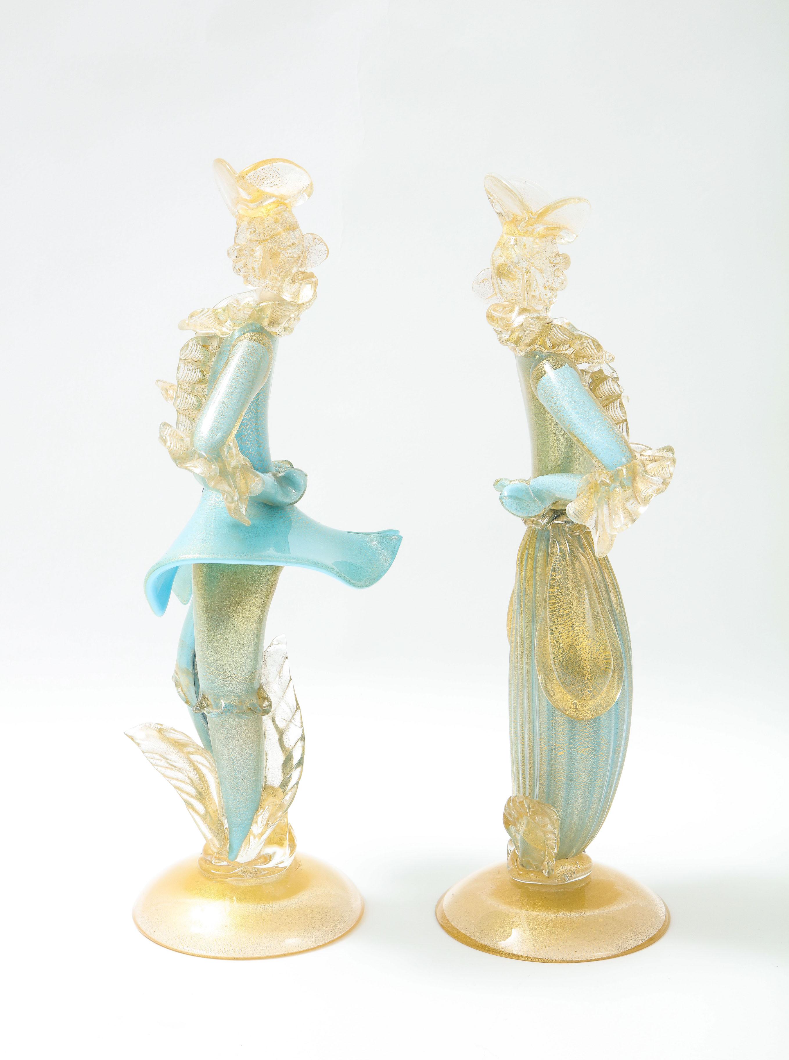 Pair of Turquoise Murano Glass Louis XV Style Figurines by Seguso Vetri Arte In Good Condition For Sale In Montreal, QC