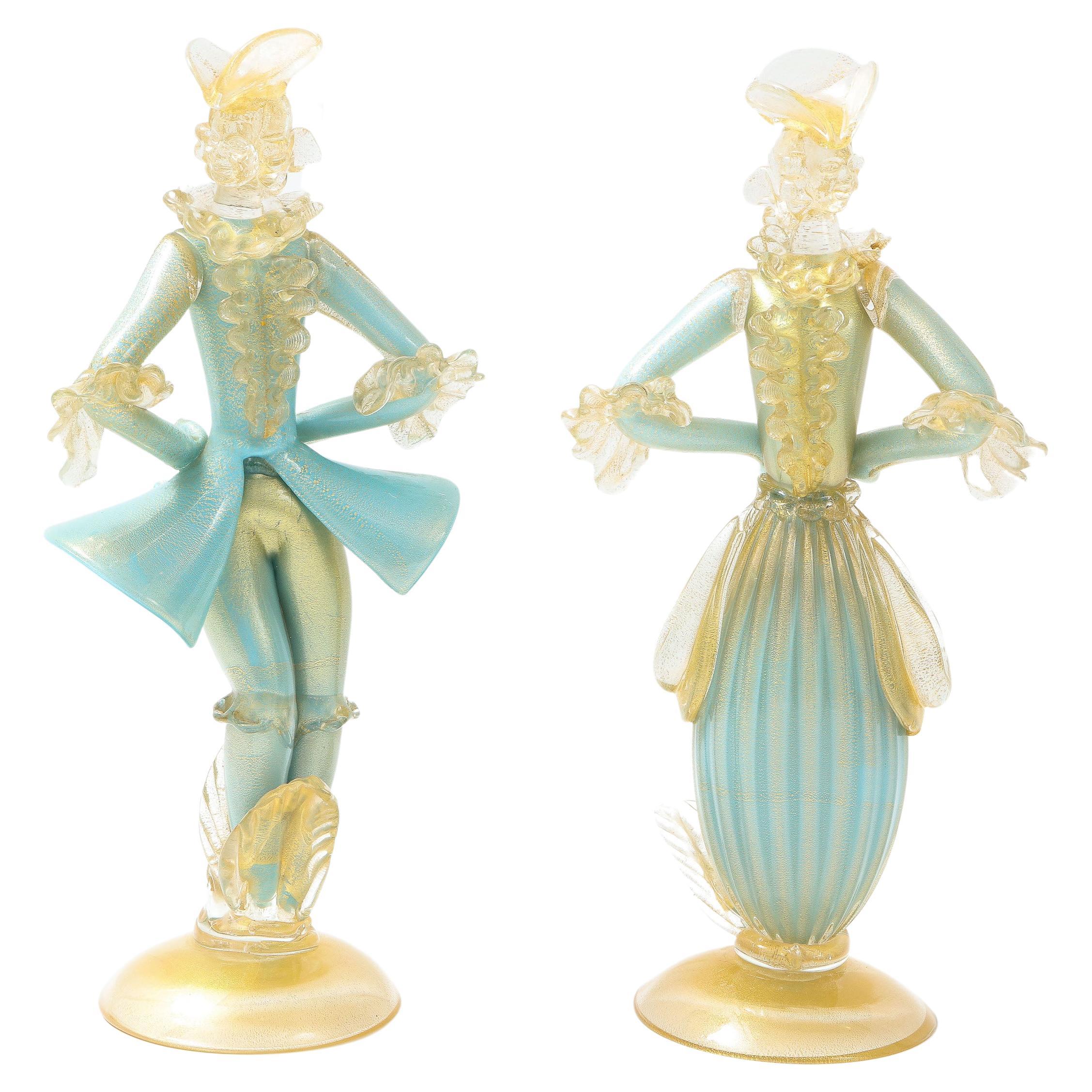 Pair of Turquoise Murano Glass Louis XV Style Figurines by Seguso Vetri Arte For Sale
