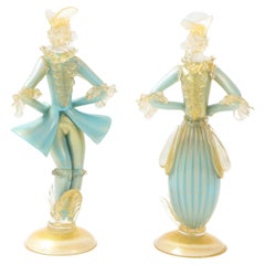 Pair of Turquoise Murano Glass Louis XV Style Figurines by Seguso Vetri Arte