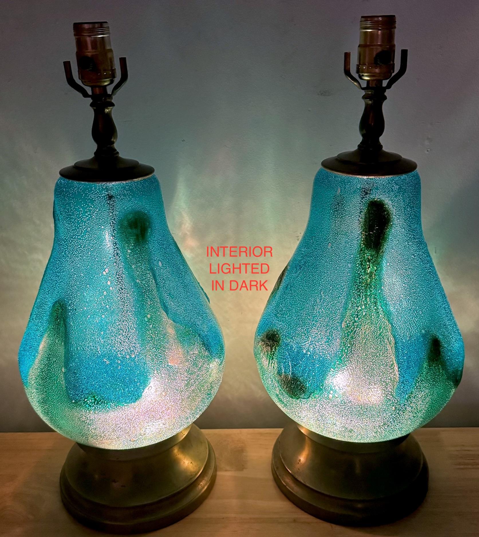 Pair of Turquoise Oceanic Murano Glass & Brass Table Lamps, Italy, Circa 1960s For Sale 4